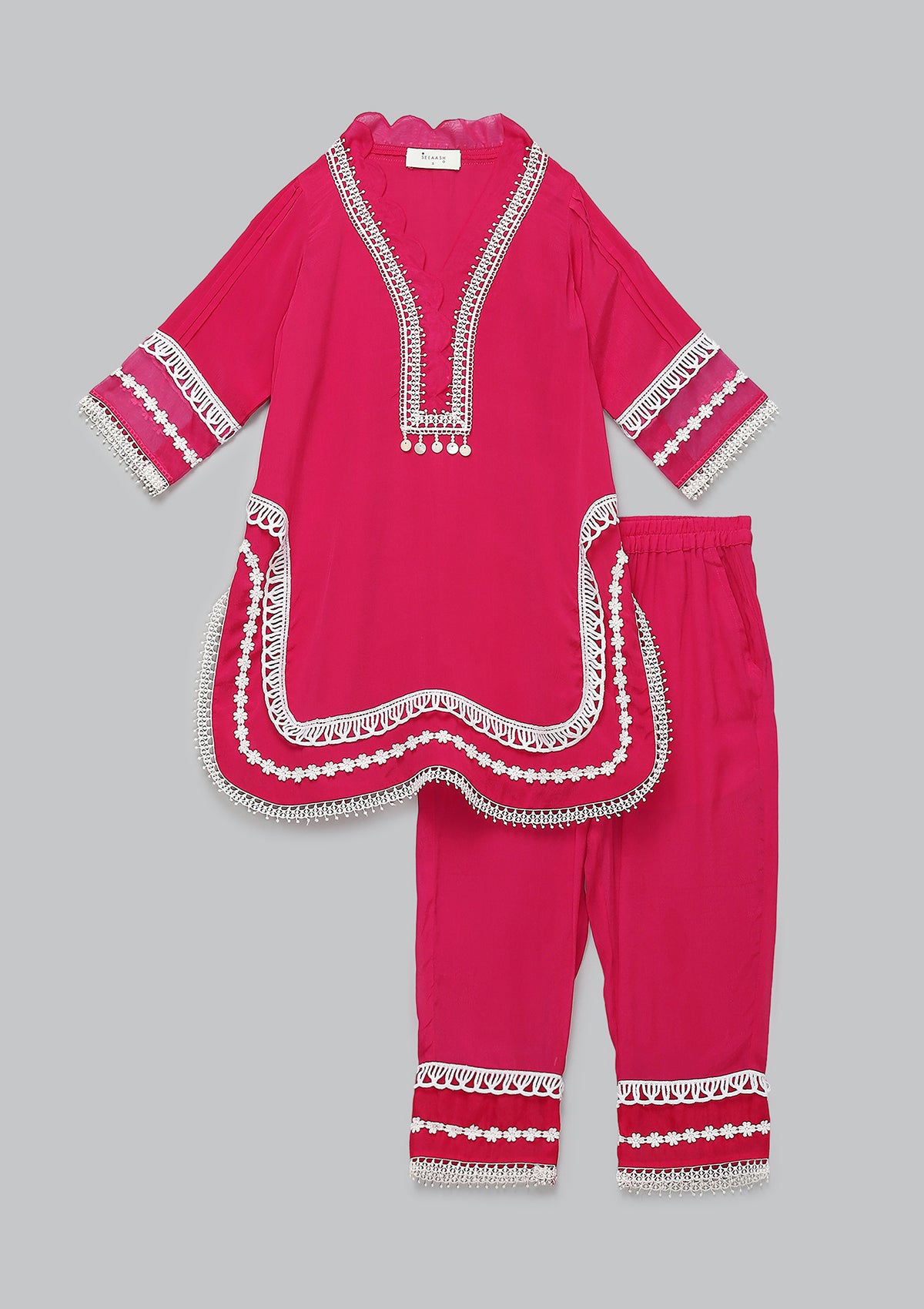 Kids Peony Scalloped Lace Kurta Set