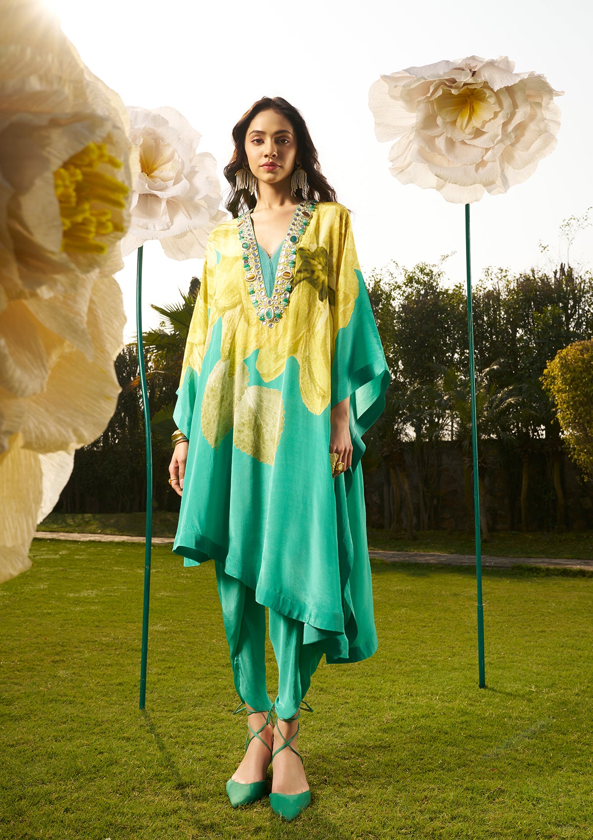 Saira Teal Kaftan and Pants Set