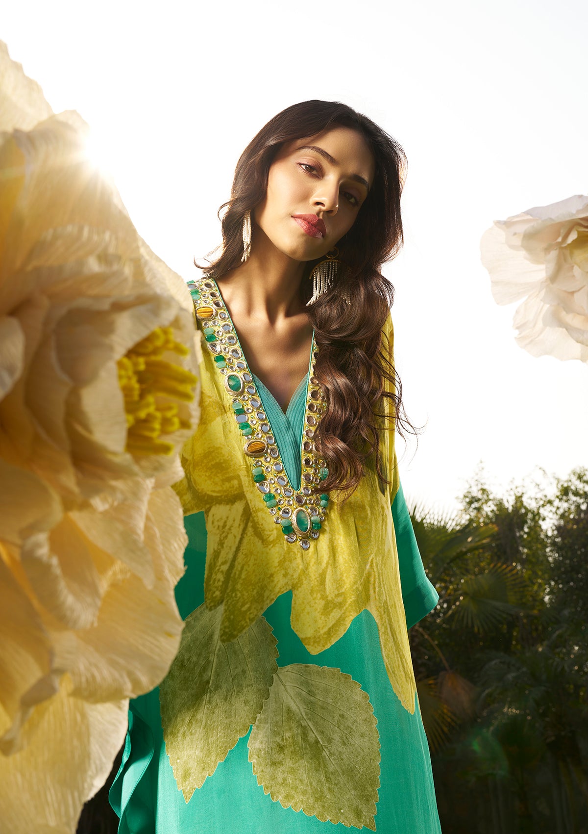Saira Teal Kaftan and Pants Set