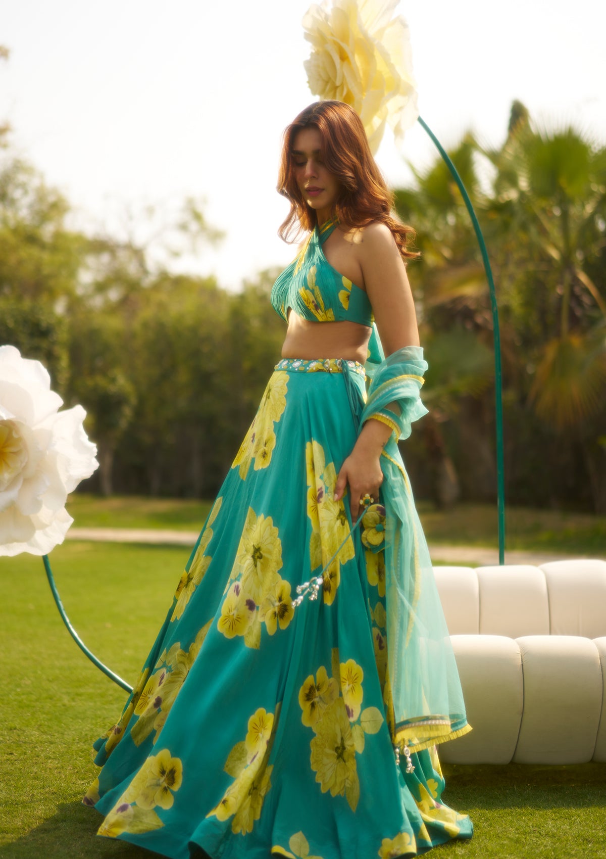 Mira Teal Halter Lehenga Set