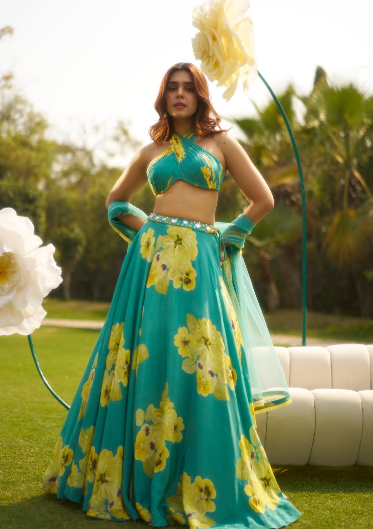 Mira Teal Halter Lehenga Set