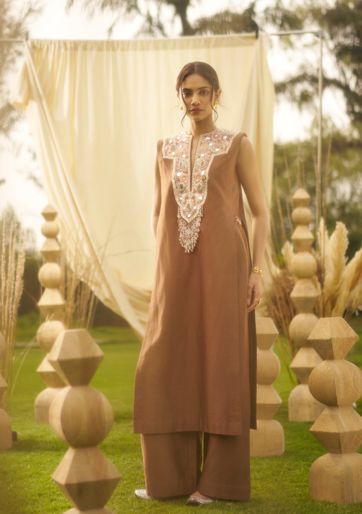 Mocha Embroidered Kurta Set