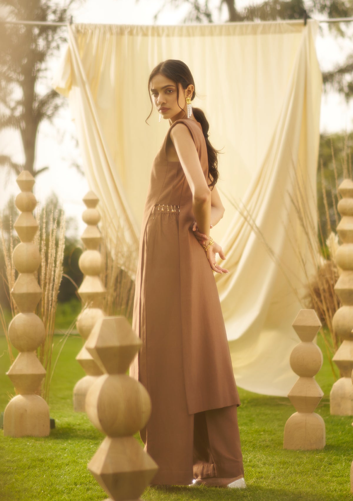 Mocha Embroidered Kurta Set