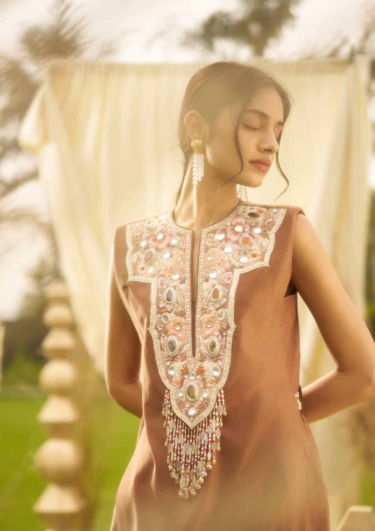 Mocha Embroidered Kurta Set