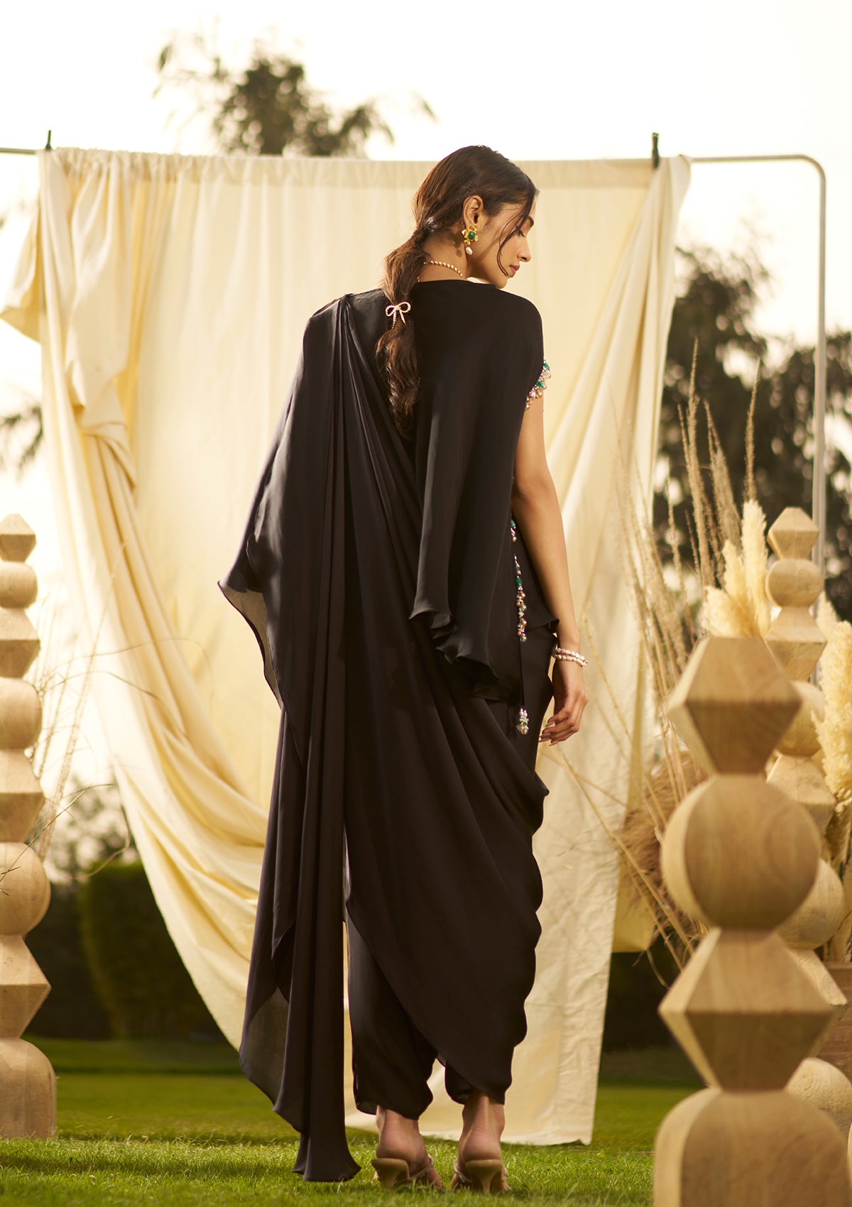 Midnight Black Draped Saree Set
