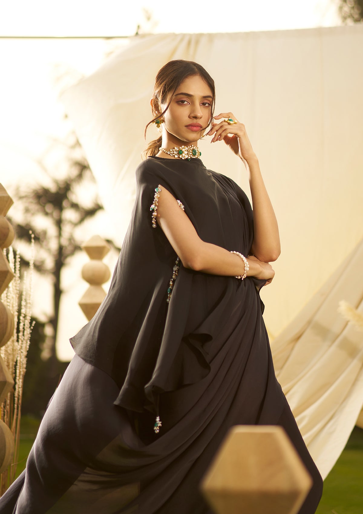 Midnight Black Draped Saree Set