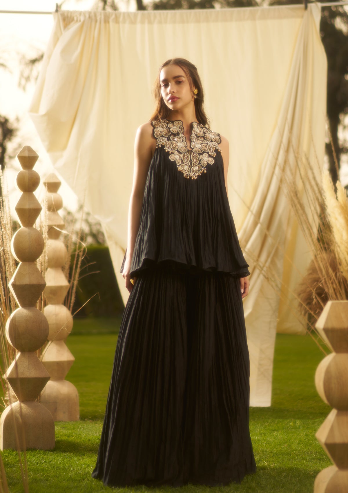 Black Pleated Sharara Set