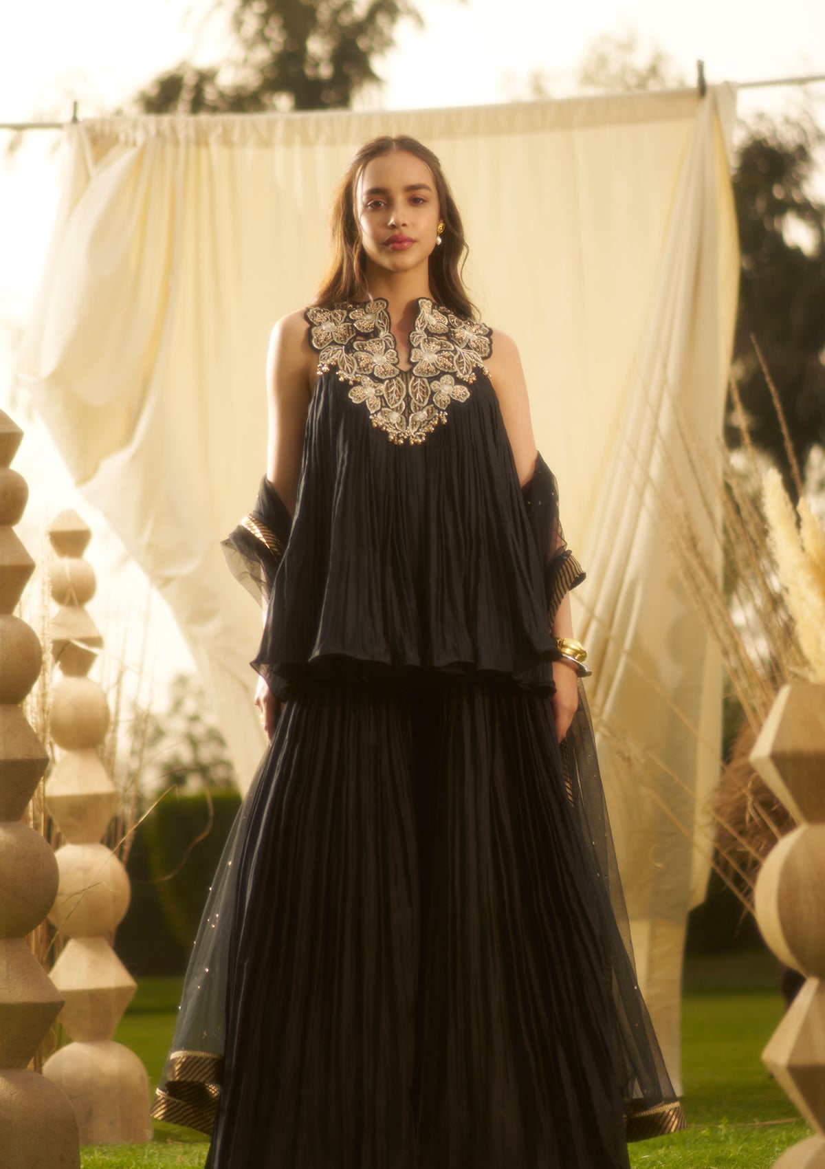Black Pleated Sharara Set