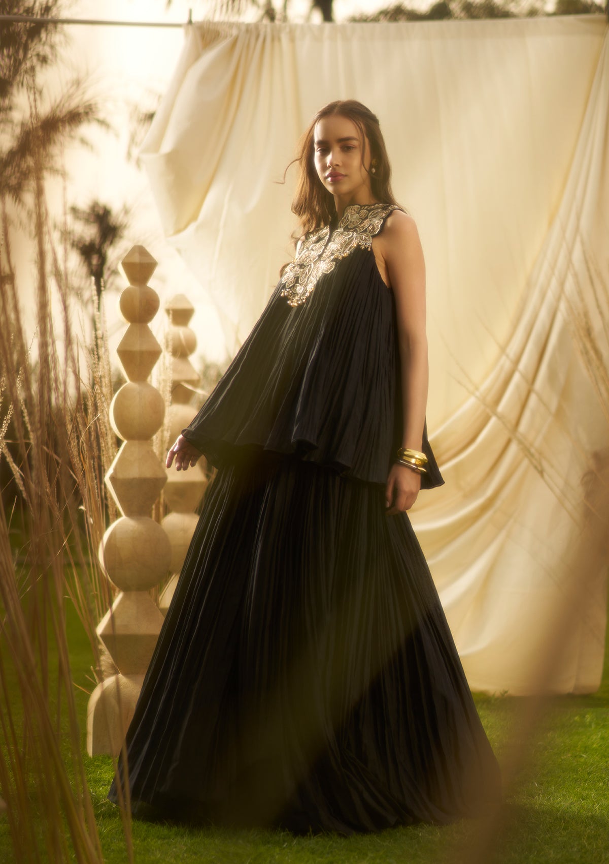 Black Pleated Sharara Set