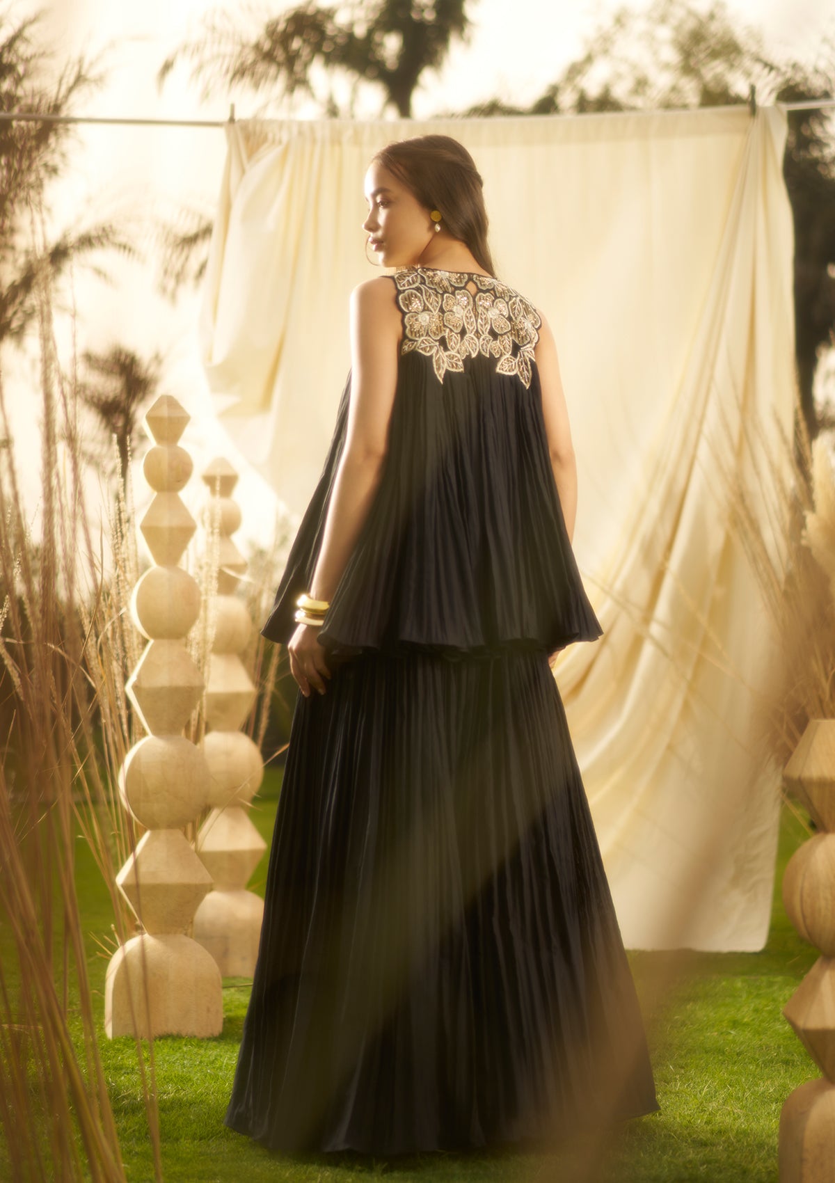 Black Pleated Sharara Set