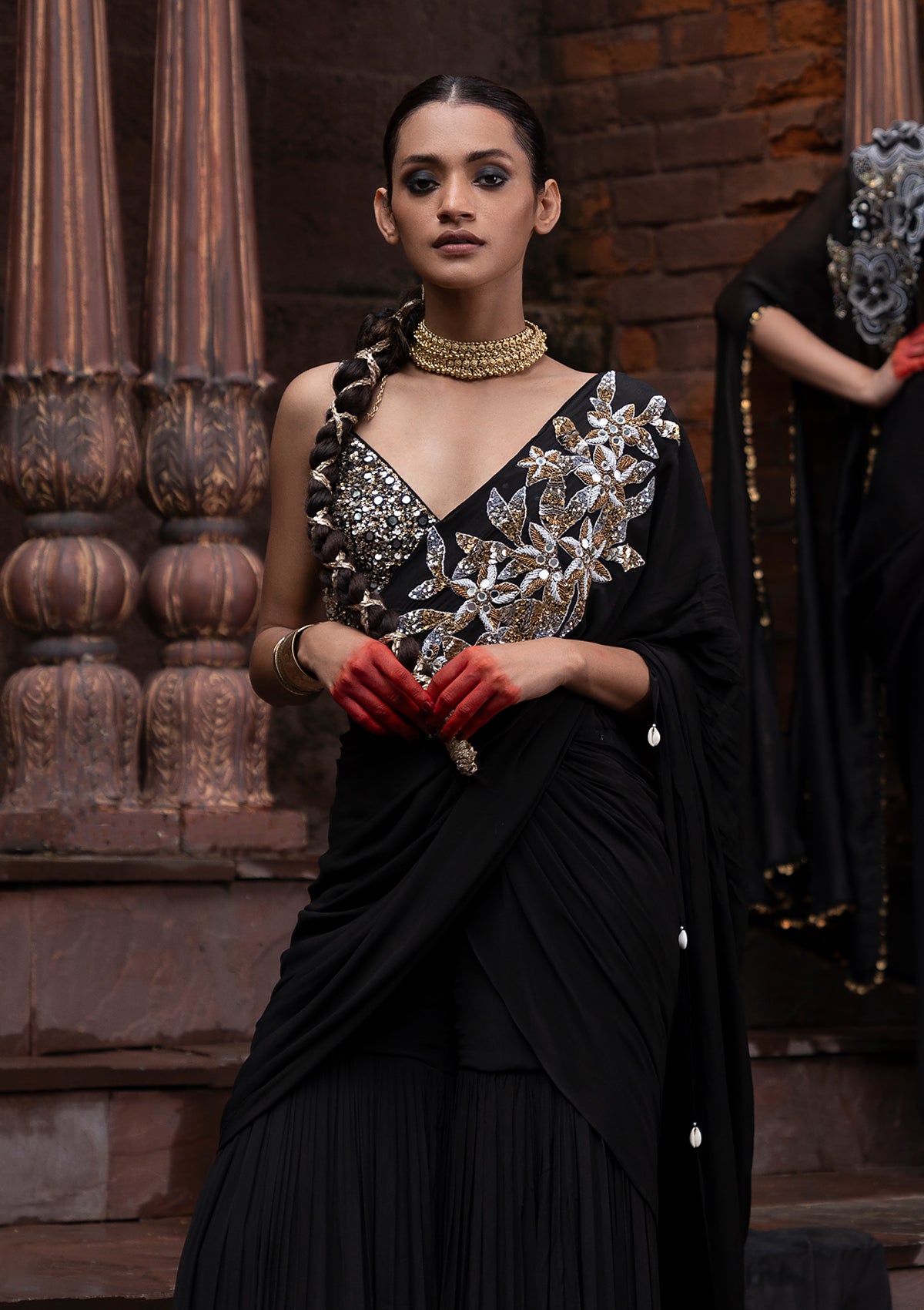 Firdaus Black Pleated Sharara Saree Set