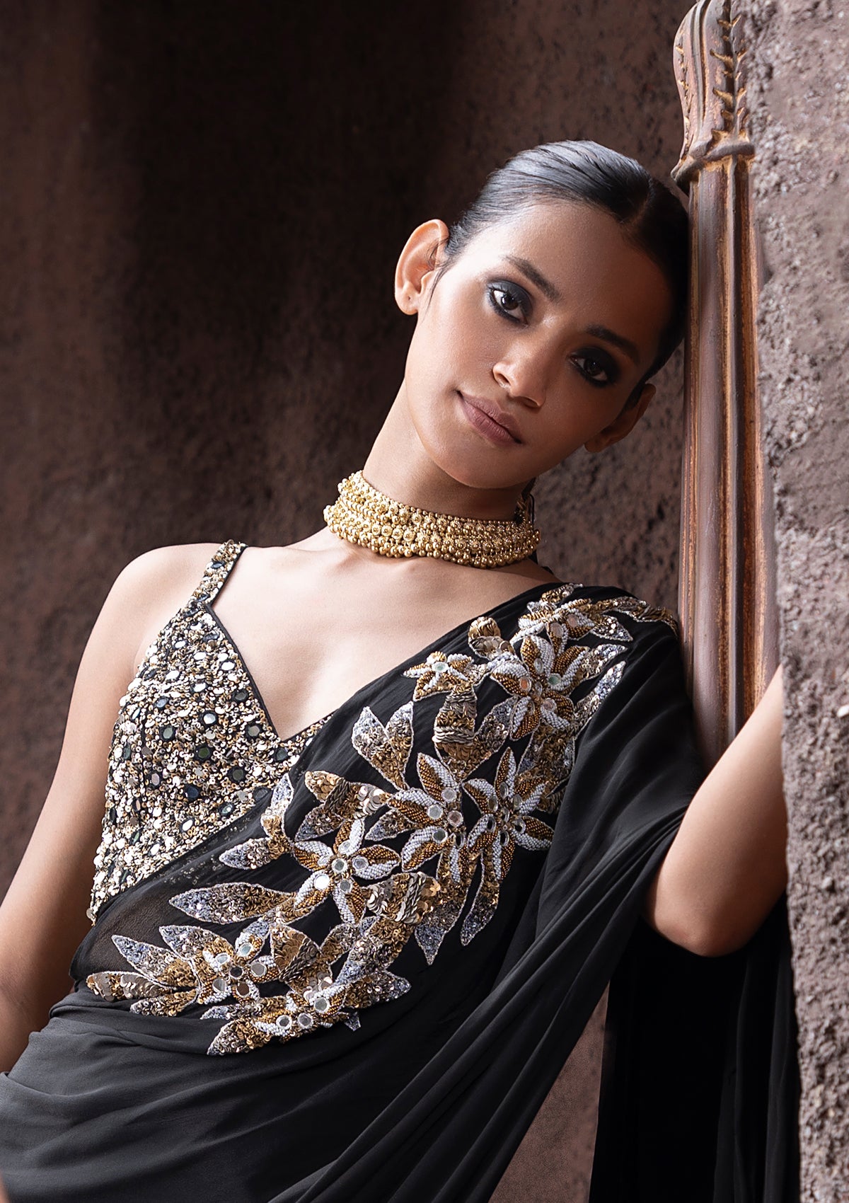 Firdaus Black Pleated Sharara Saree Set
