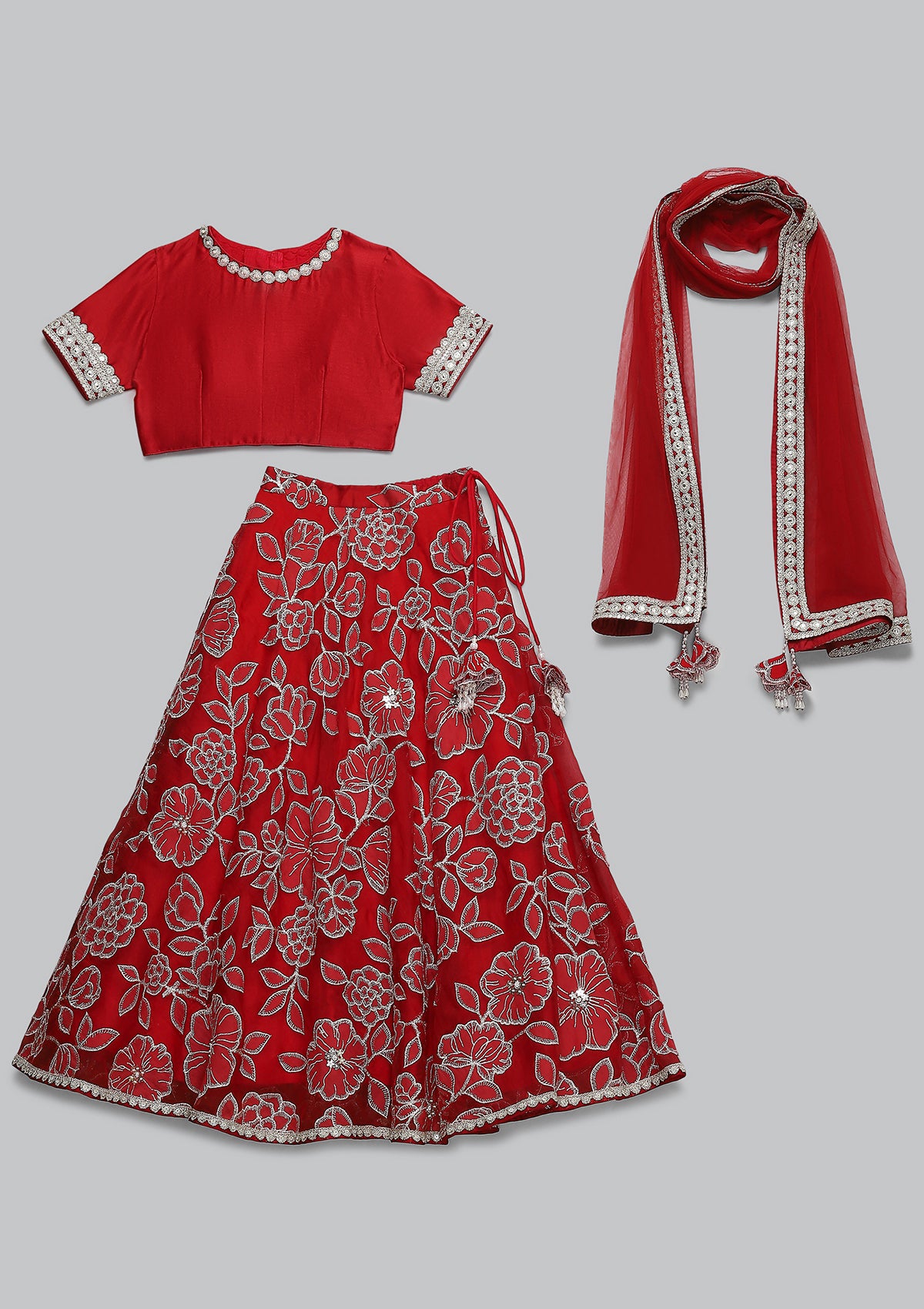 Kids Red Jaal Lehenga Set