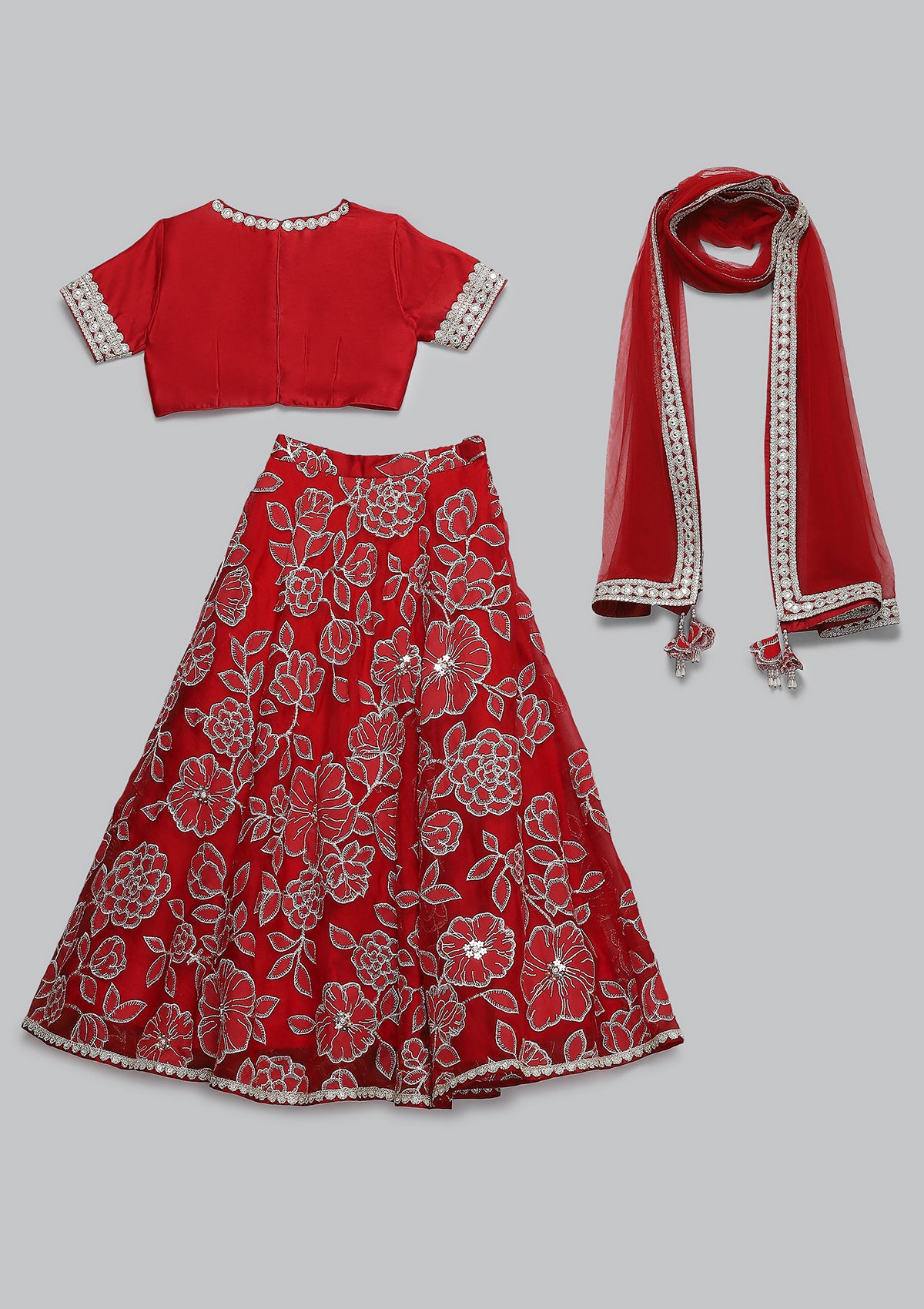 Kids Red Jaal Lehenga Set