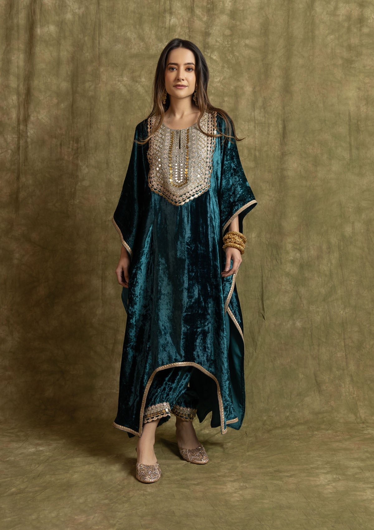 Zeenat Aman in Teal Velvet Kaftan Set