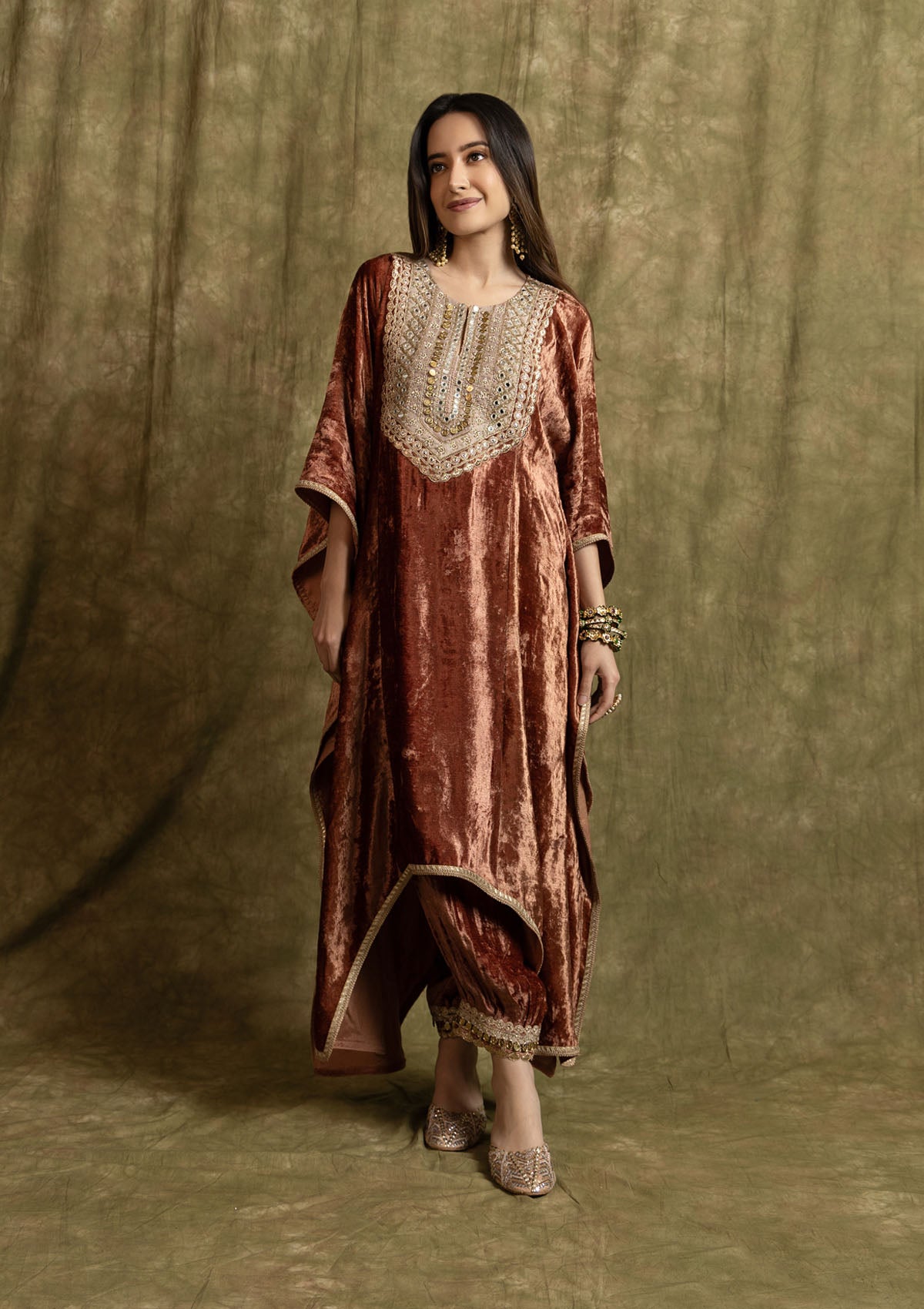 Zeenat Aman in Rust Velvet Kaftan Set