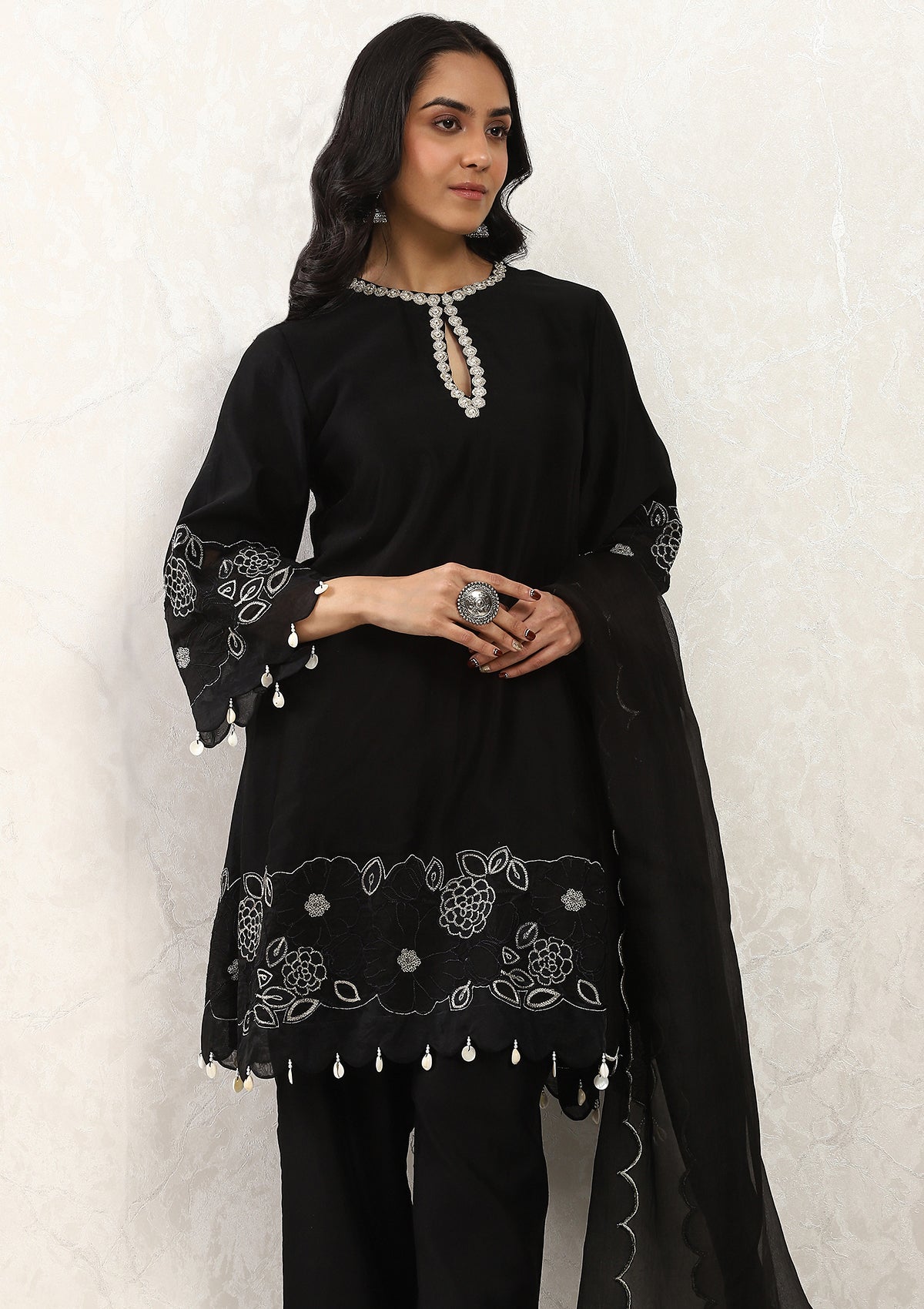 Black Applique Kurta Set