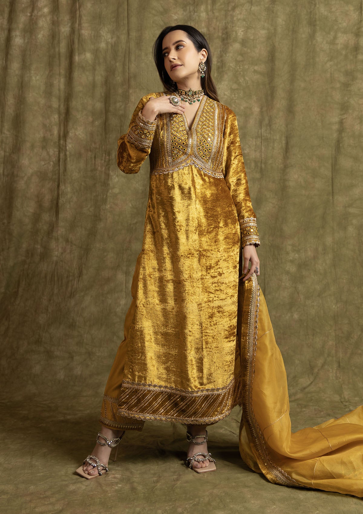 Honey Velvet Mughal Yoke Kurta Set