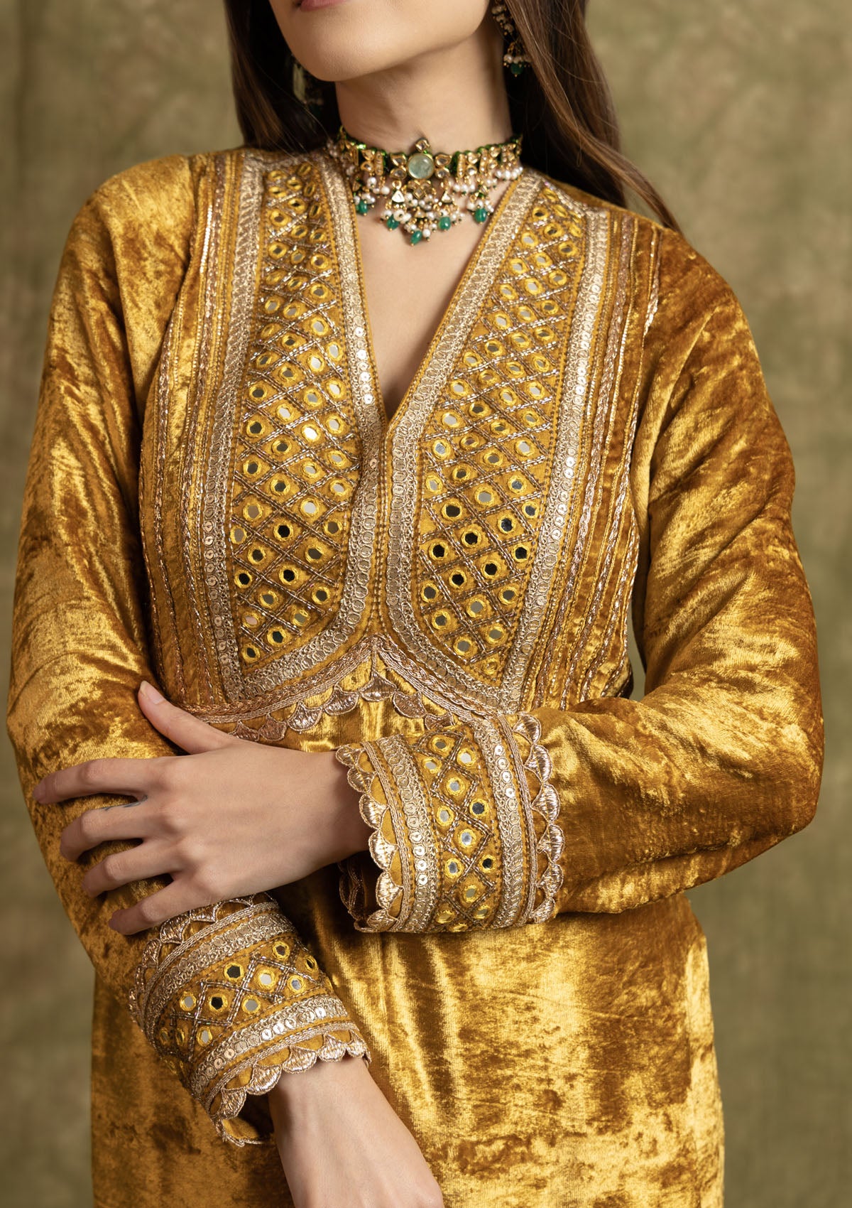 Honey Velvet Mughal Yoke Kurta Set