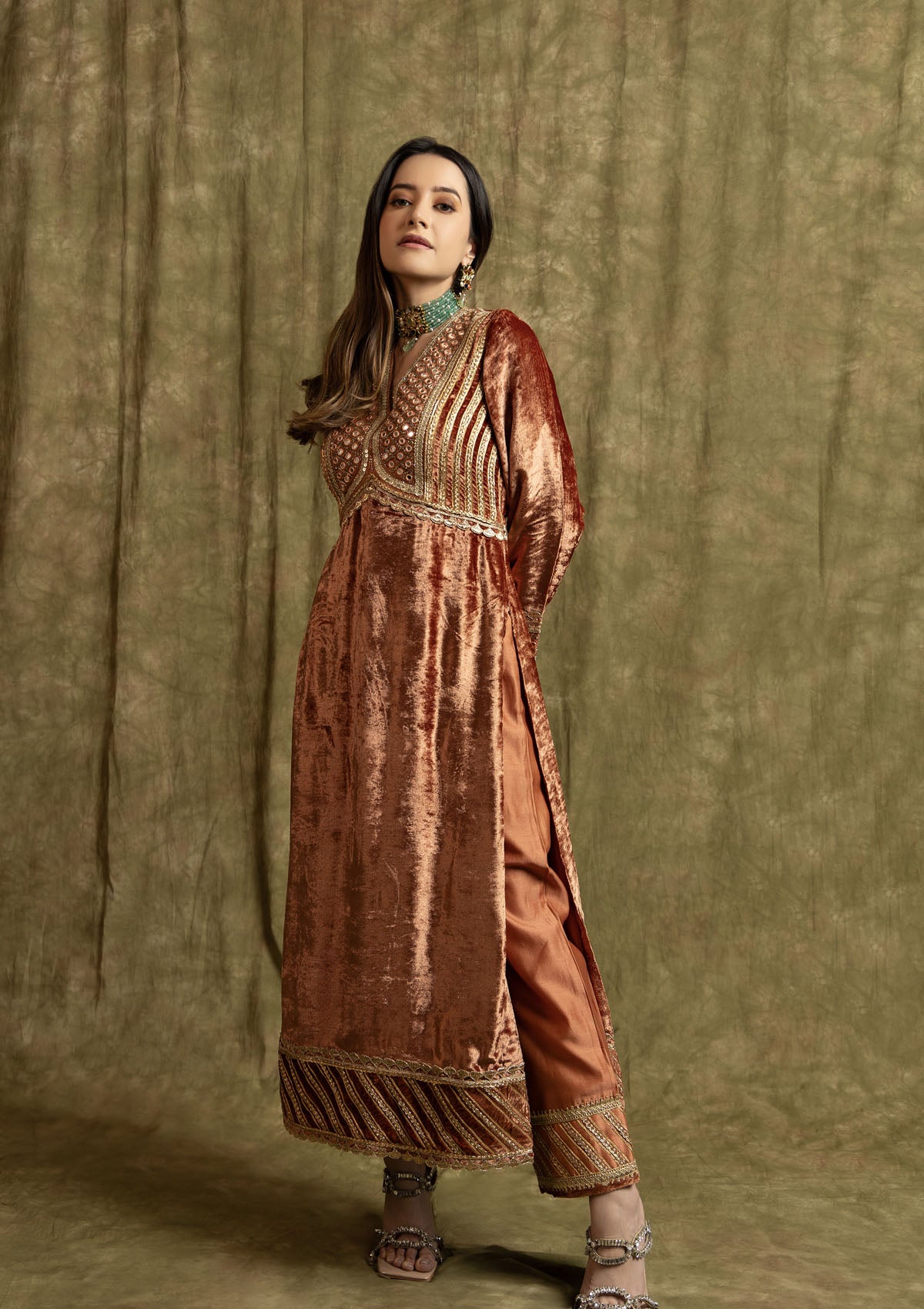 Rust Velvet Mughal Yoke Kurta Set