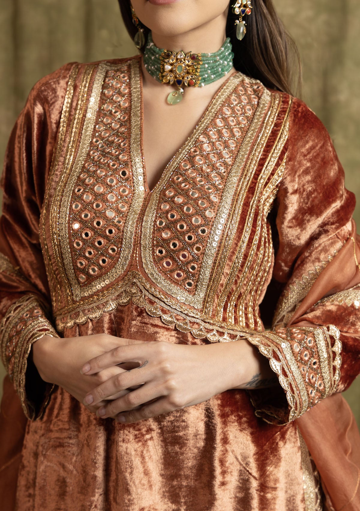 Rust Velvet Mughal Yoke Kurta Set