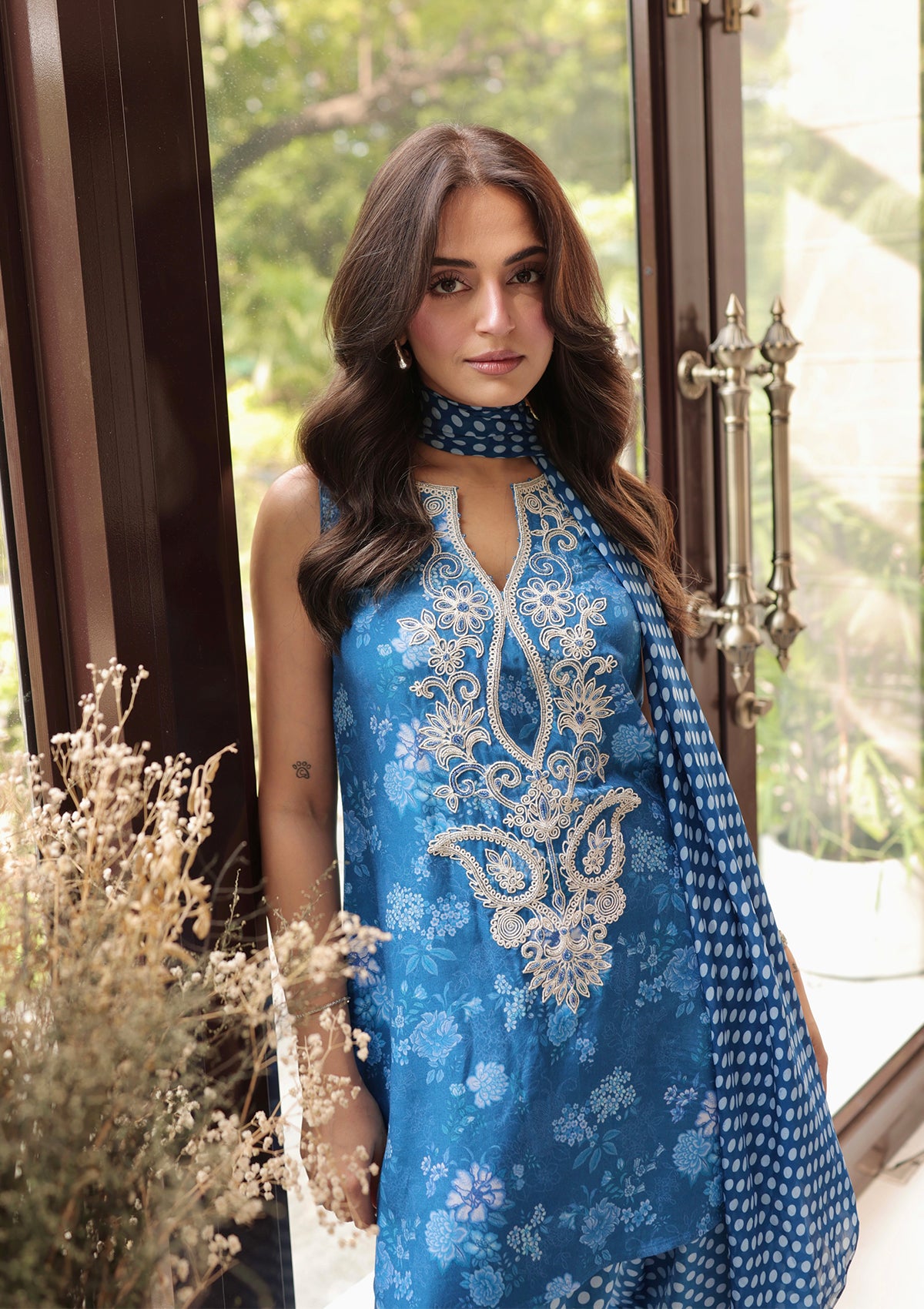 Blue Polka Embroidered Farshi Set