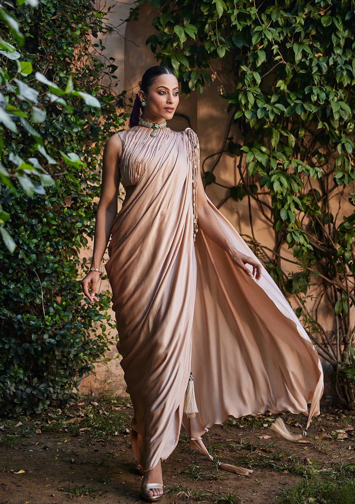 Champagne Fringe Draped Saree Set