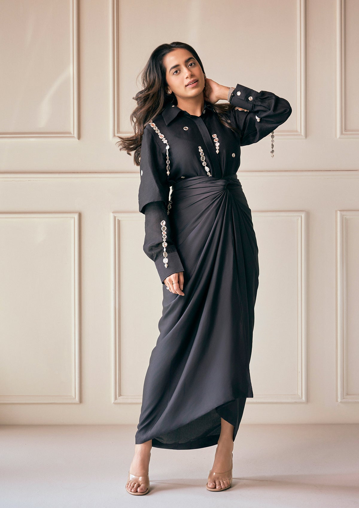 Black Mykonos Draped Skirt Set