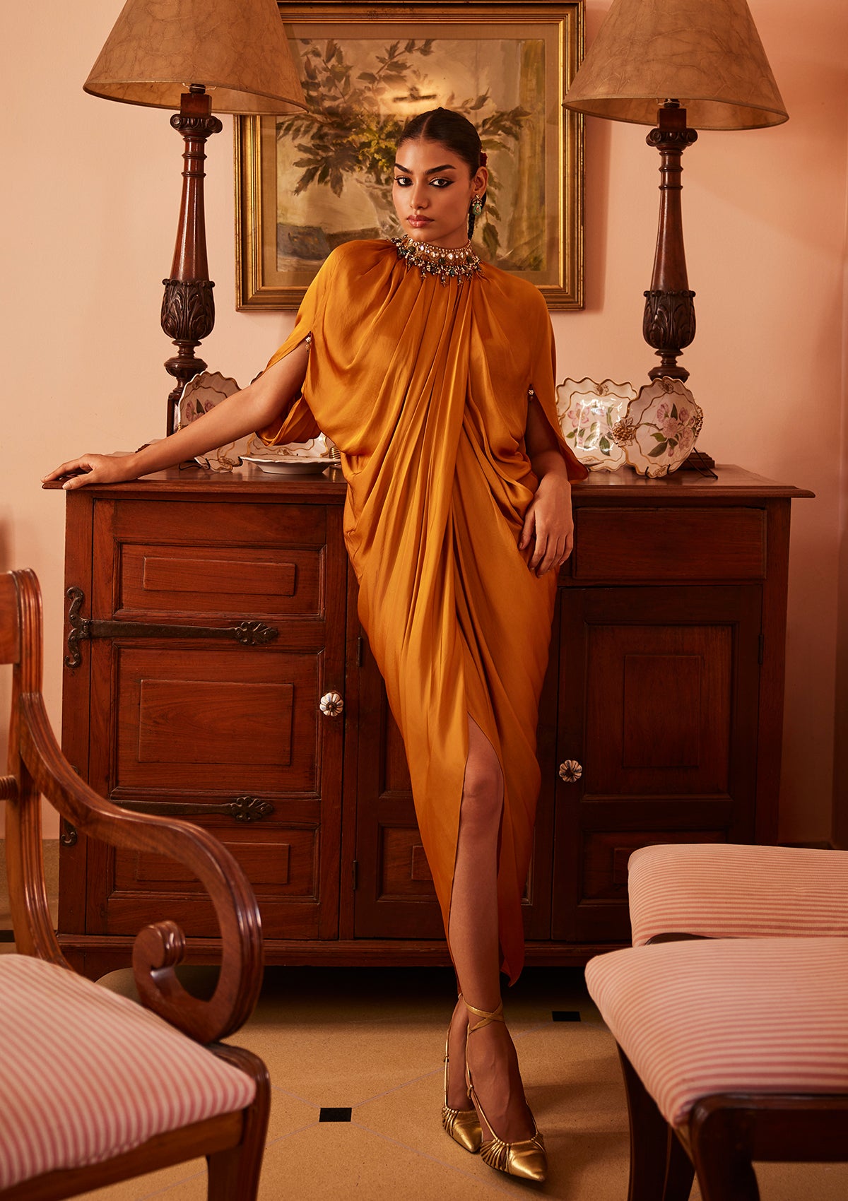 Ochre Draped Kaftan with Detachable Neckpiece