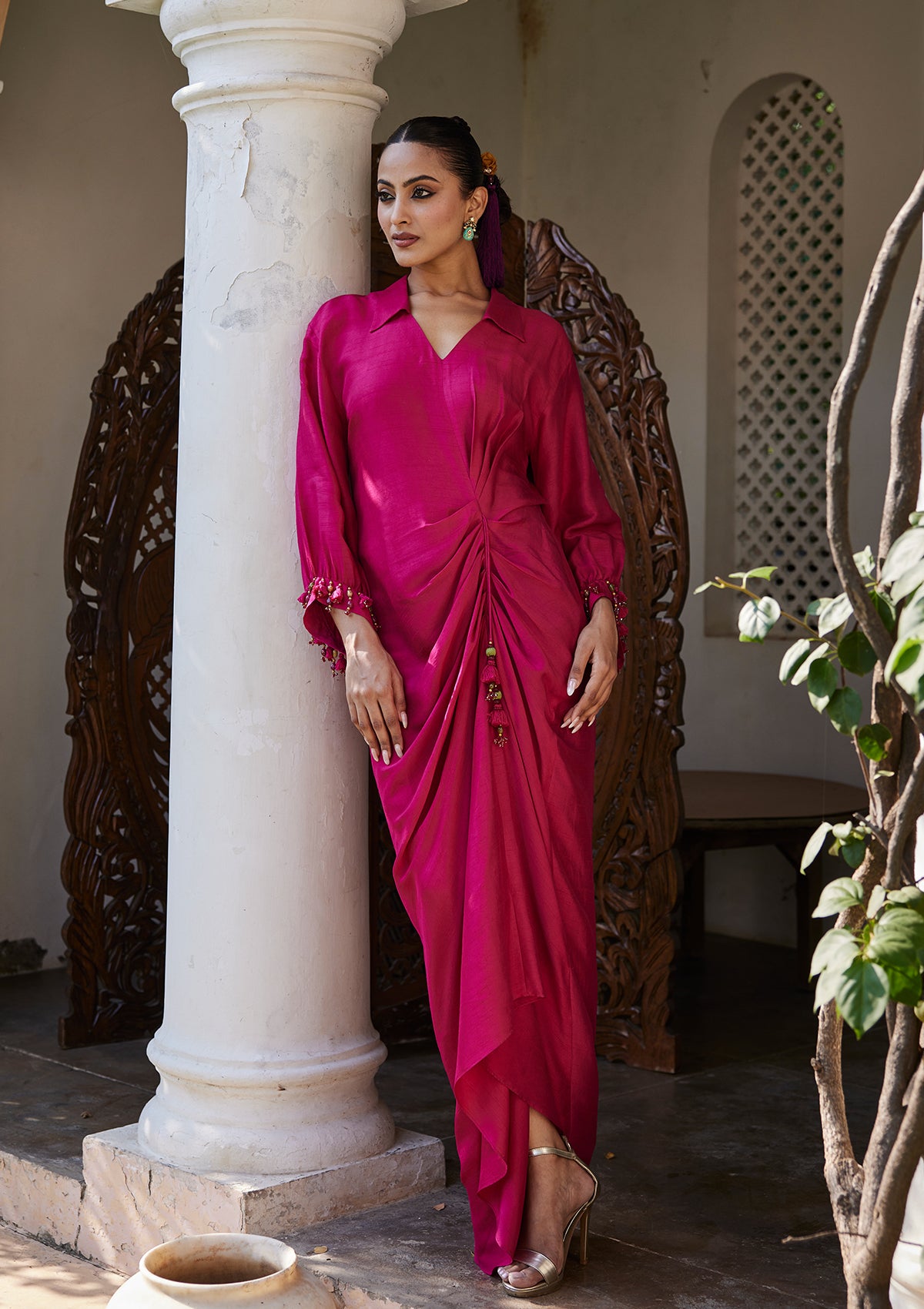 Fuchsia Draped Shirt Dress