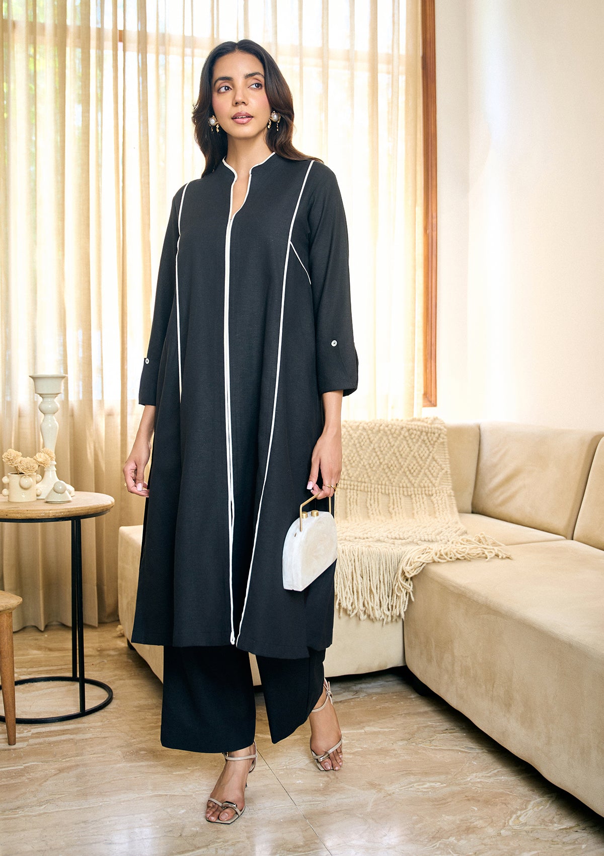 Black Panelled Kurta Set