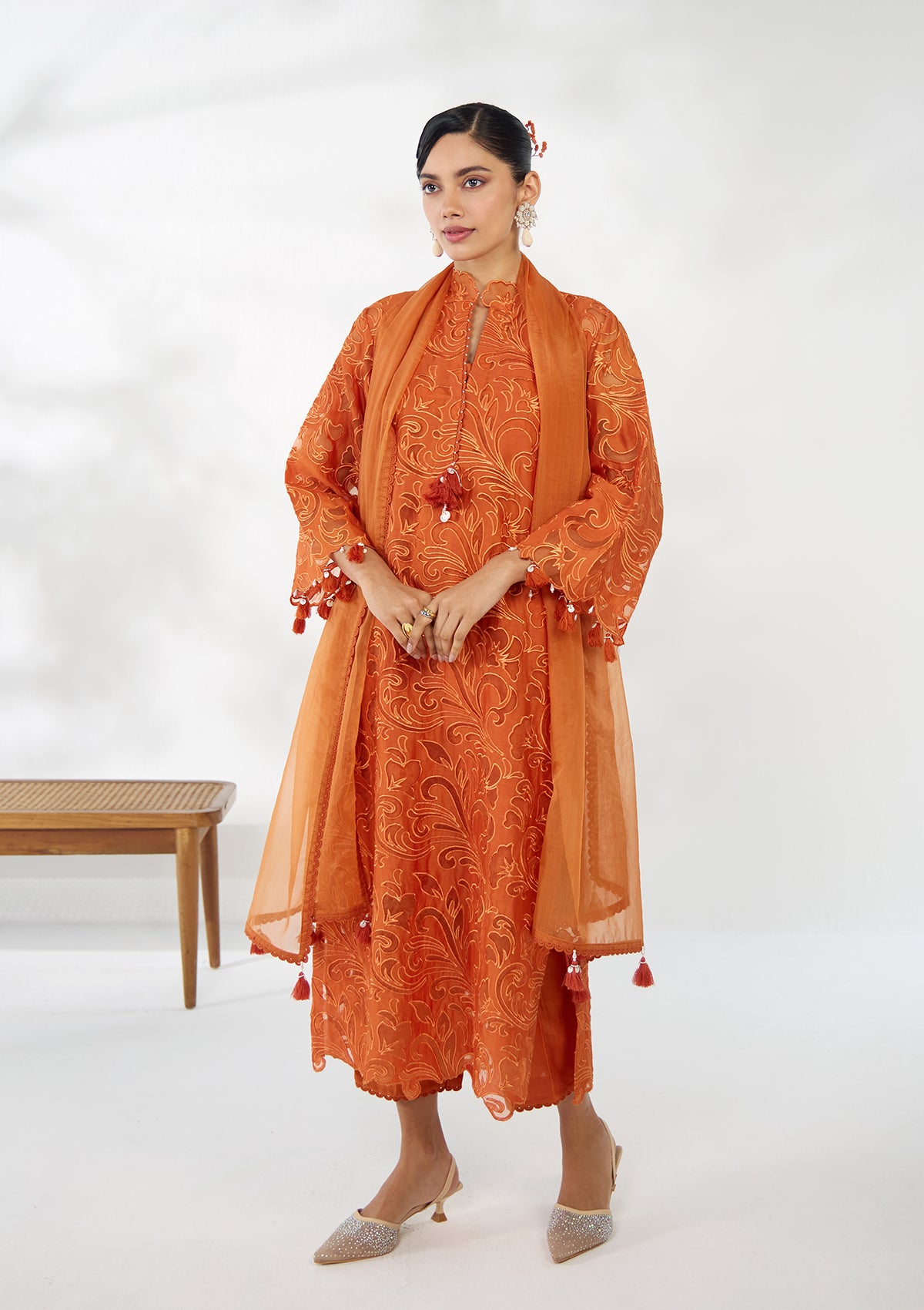 Saffron Applique Embroidered Kurta Set