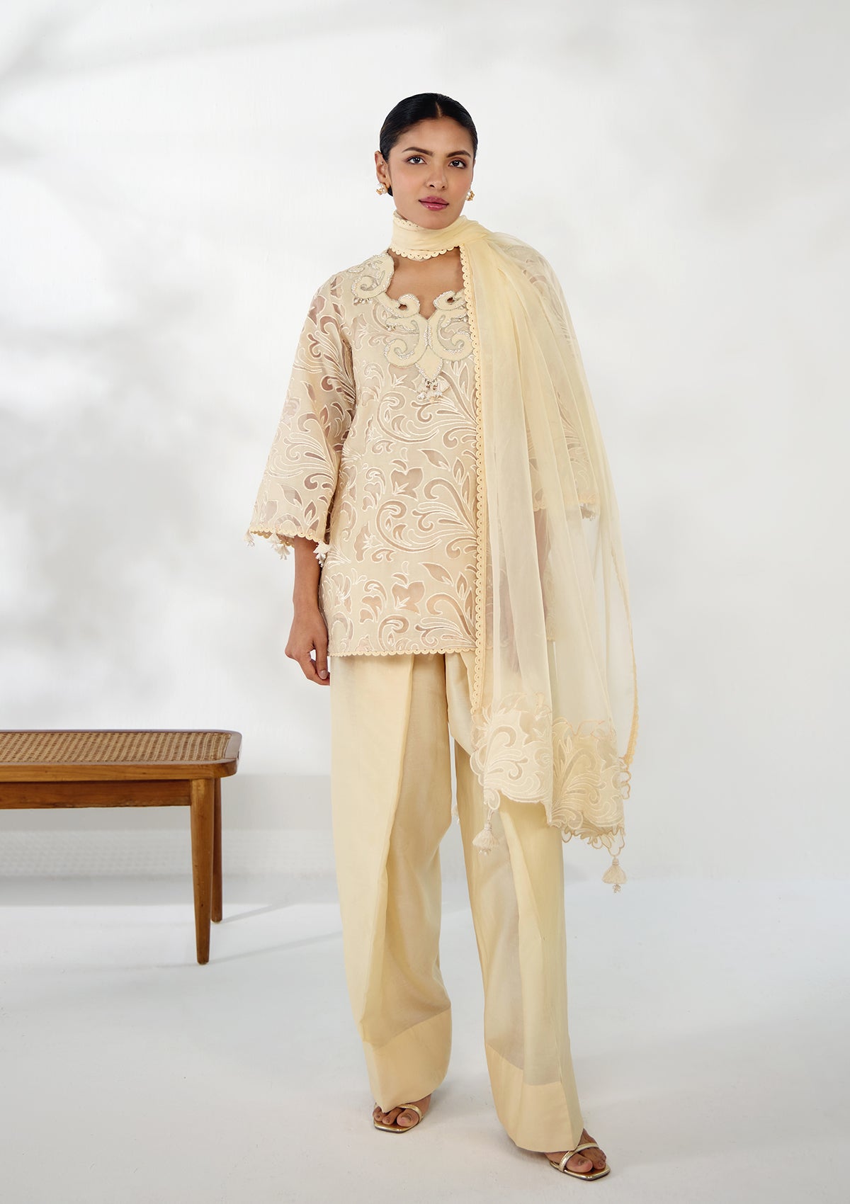 Ivory Applique Embroidered Farshi Set