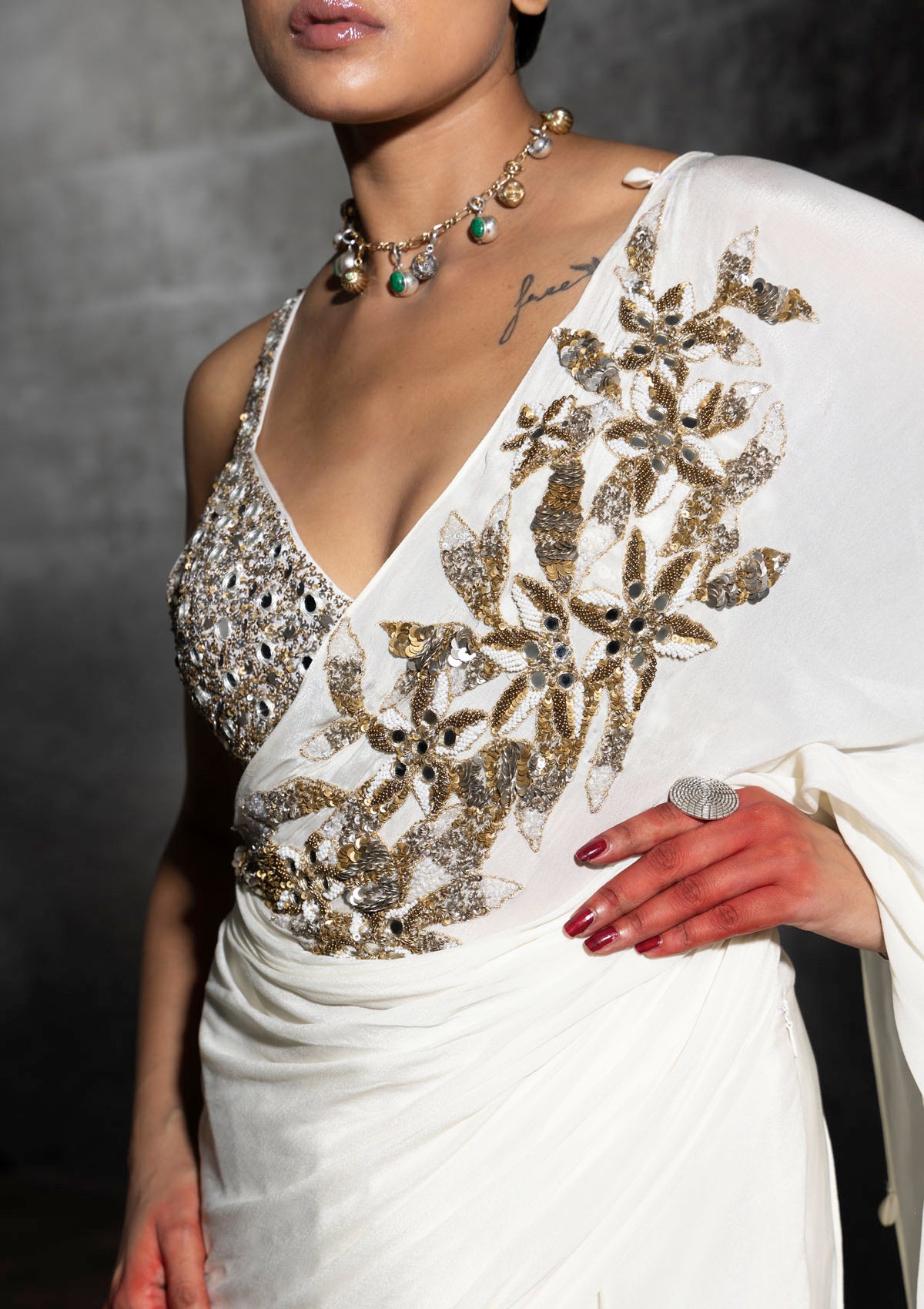 Firdaus Ivory Pleated Saree Set