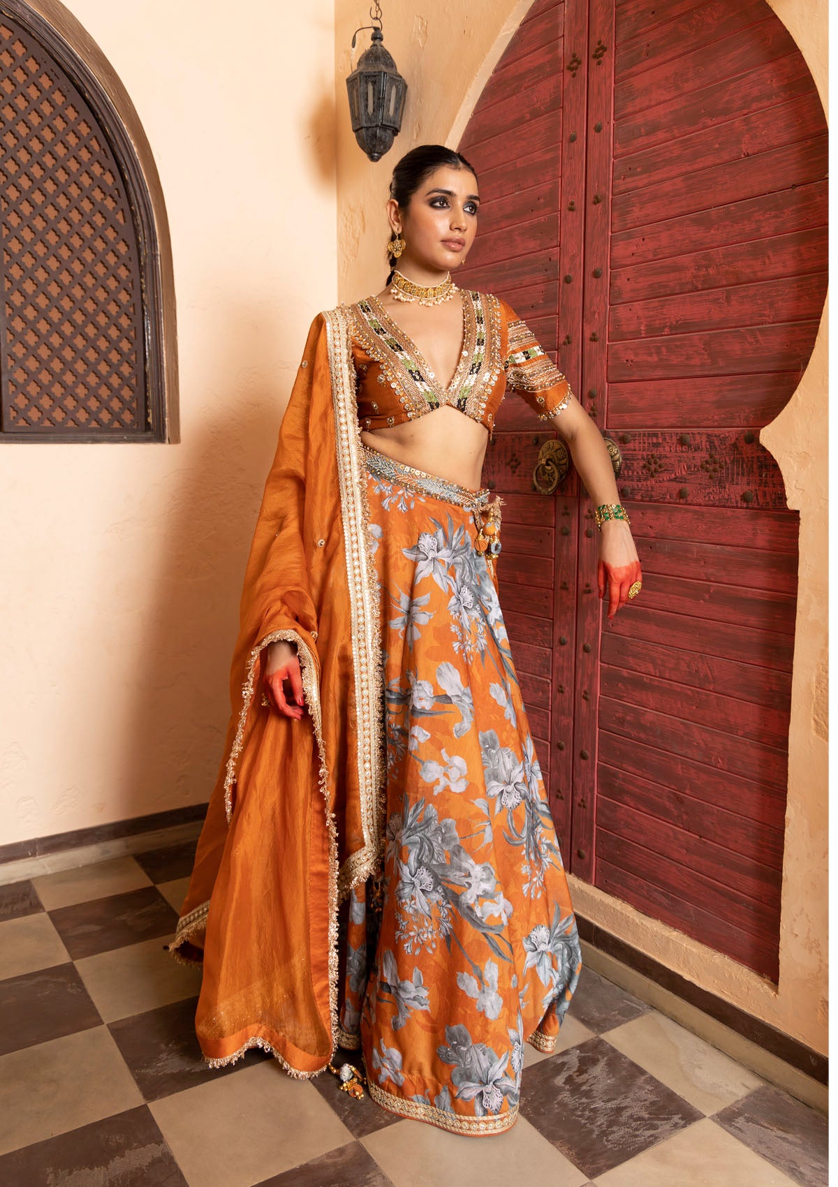 Saachi Bindra in Nur Saffron Embroidered Lehenga Set
