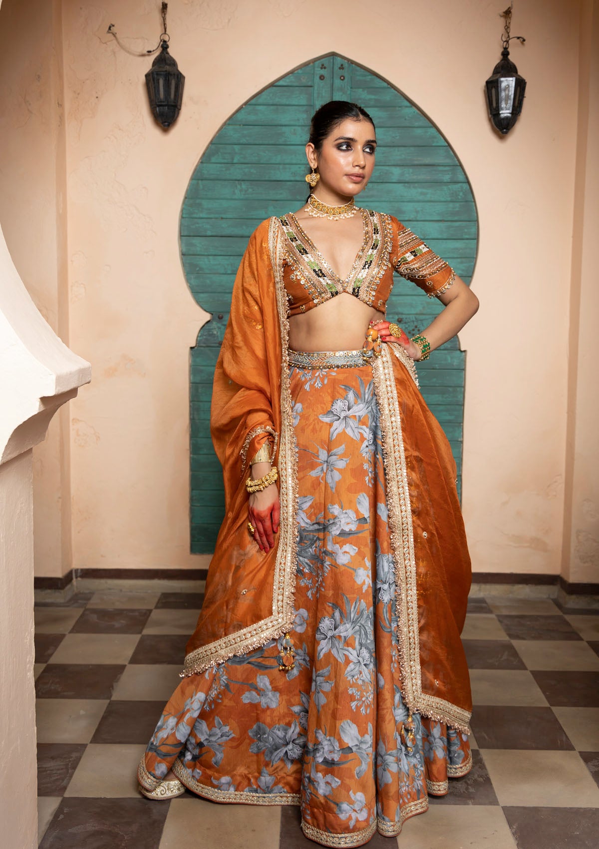 Saachi Bindra in Nur Saffron Embroidered Lehenga Set