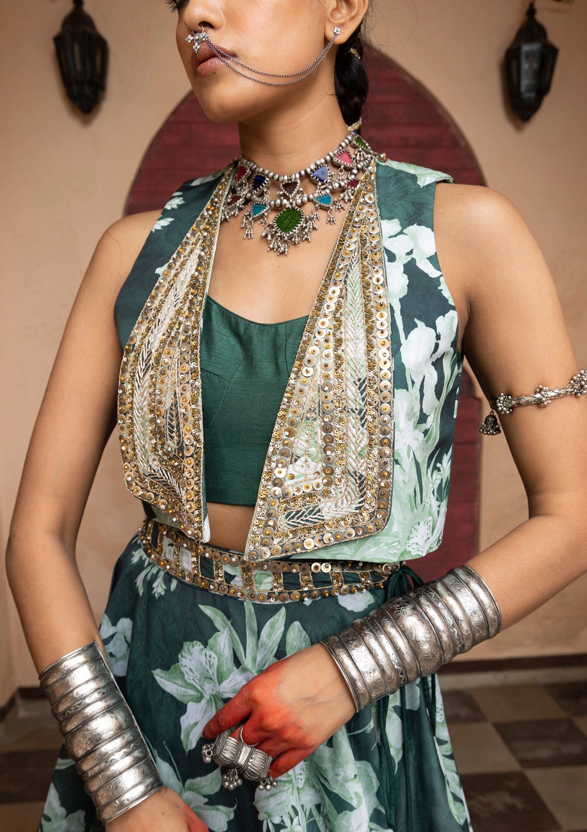 Shivani Bafna in Nur Emerald Gilet Lehenga Set