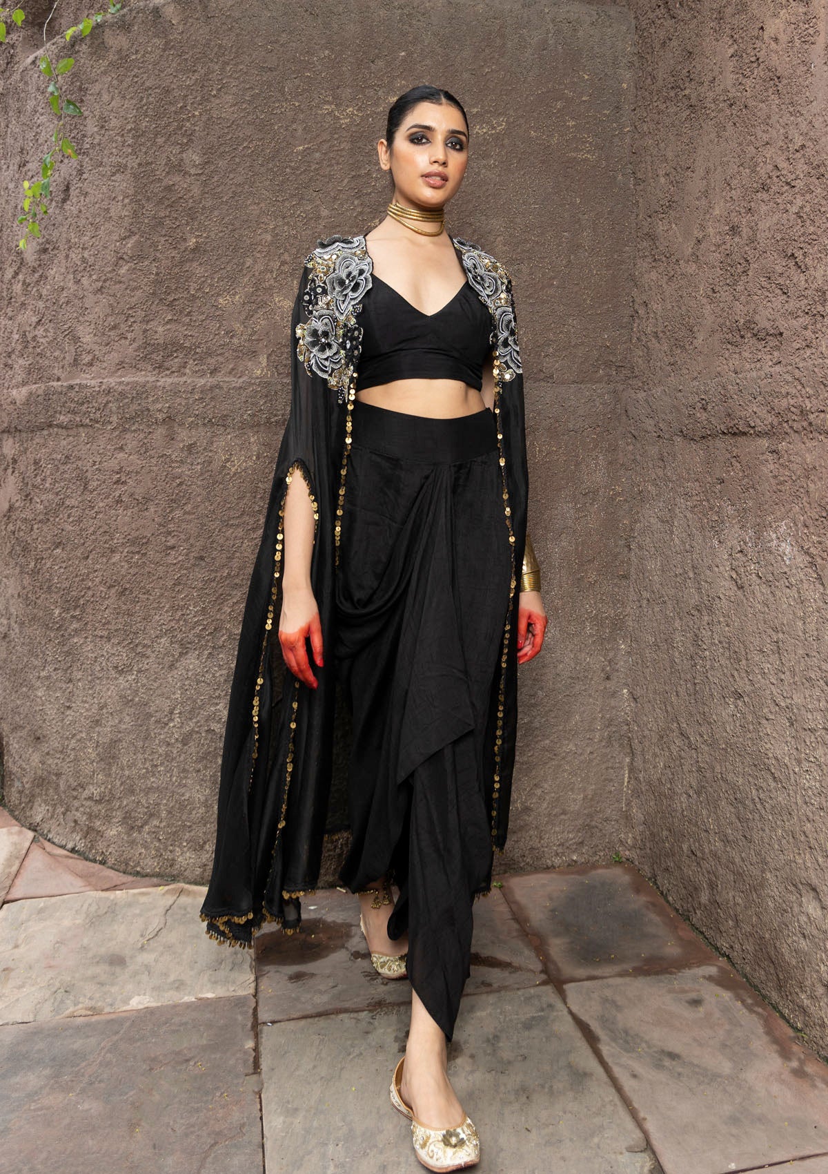 Khushnaz in Zohra Black Embroidered Cape Set