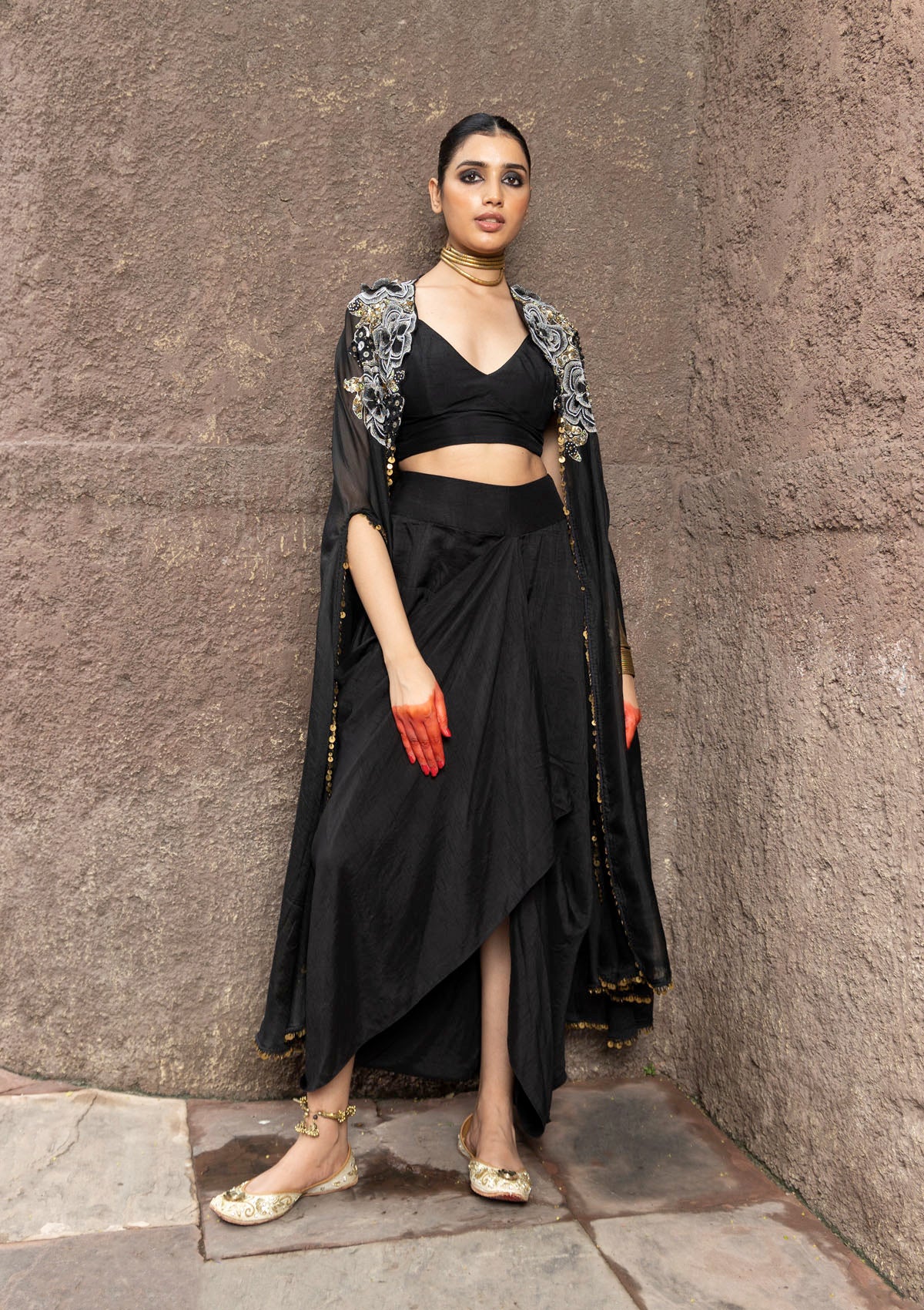 Khushnaz in Zohra Black Embroidered Cape Set