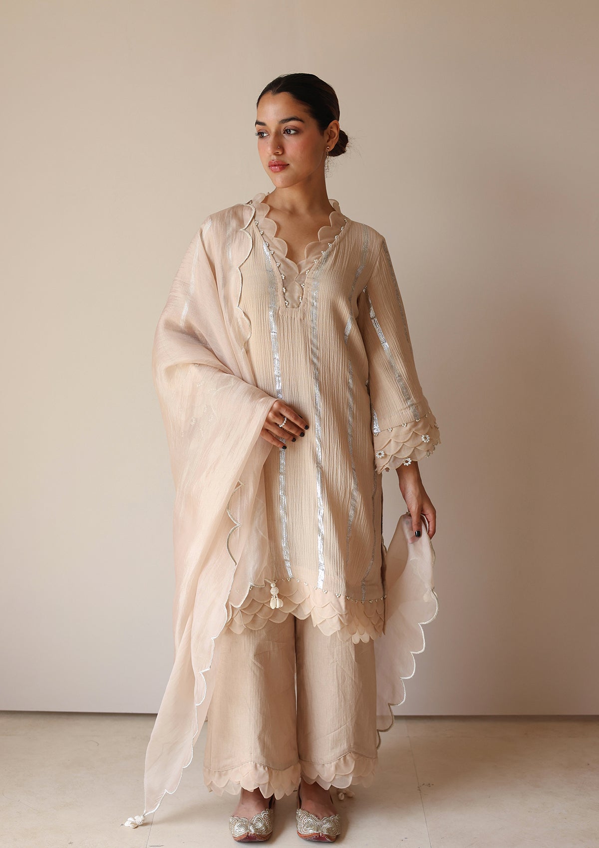 Sand Scalloped Kurta Set