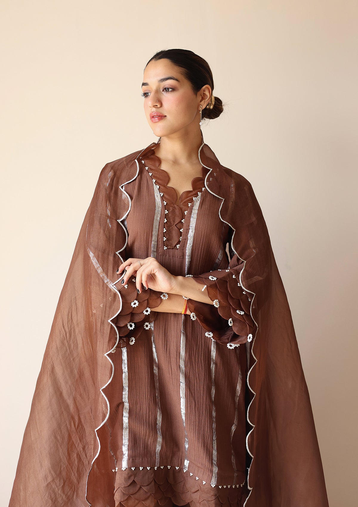 Mocha Scalloped Kurta Set
