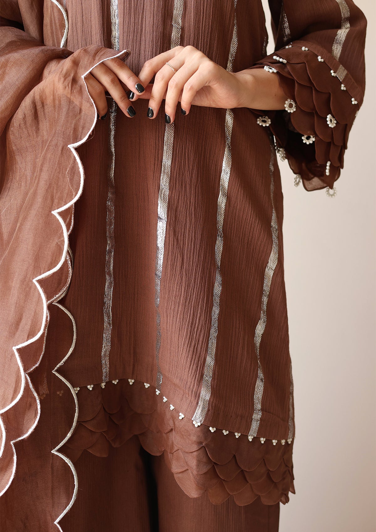 Mocha Scalloped Kurta Set