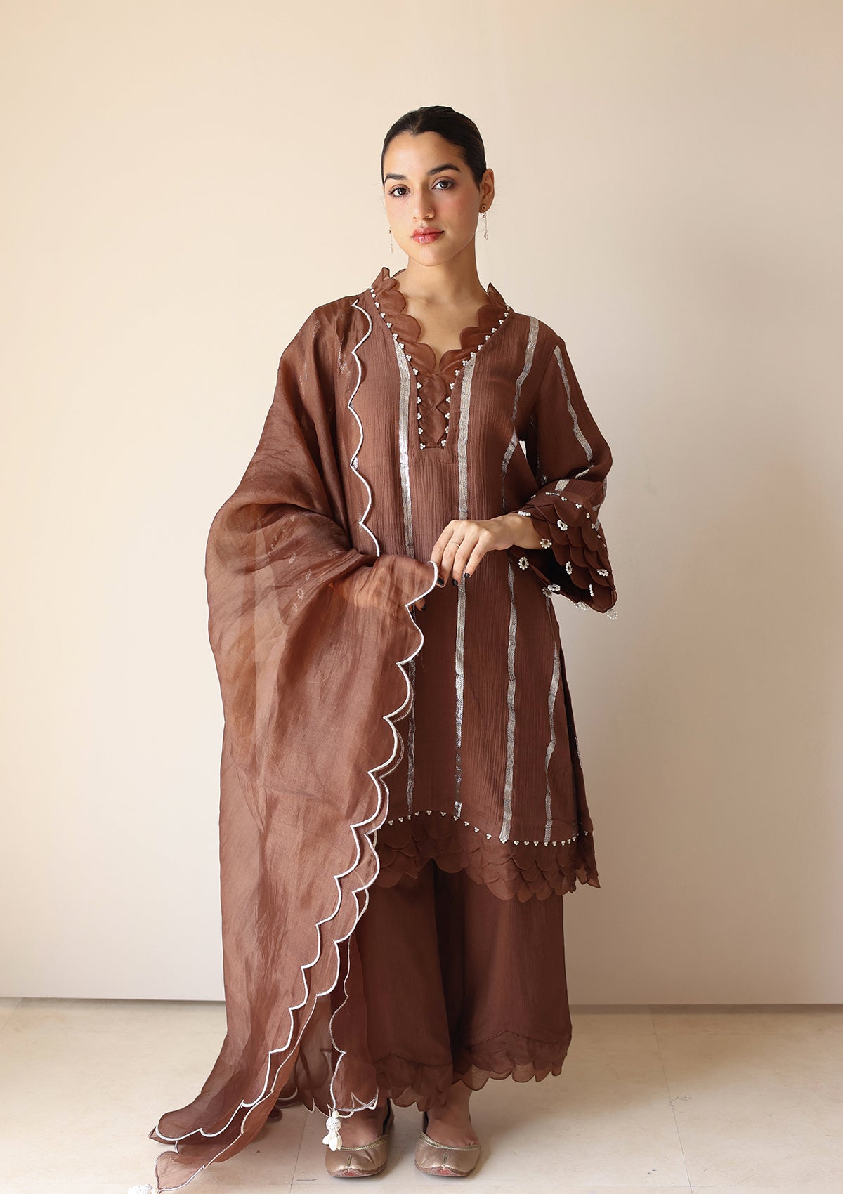 Mocha Scalloped Kurta Set