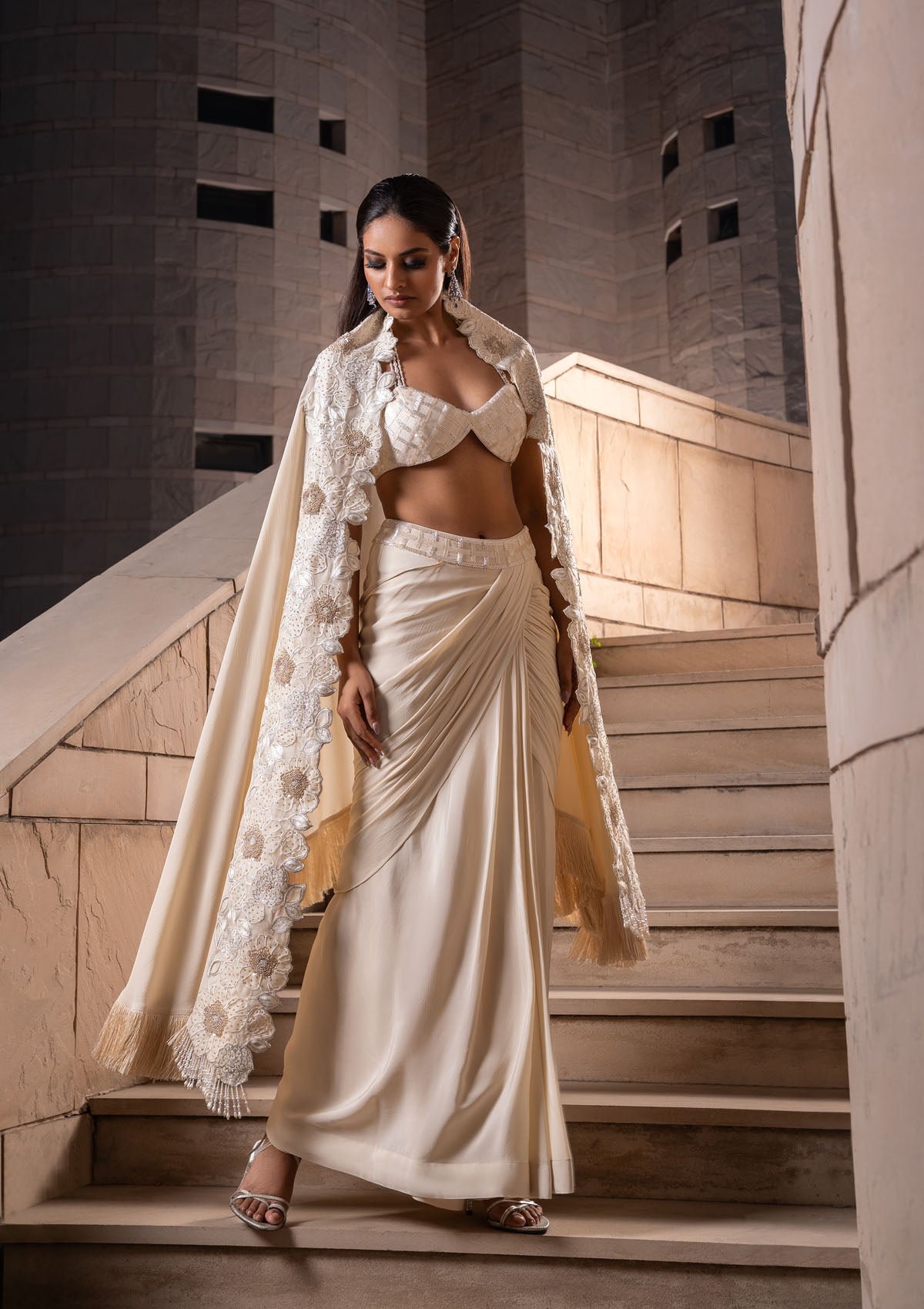 Ivory Cape-Cum-Saree Set