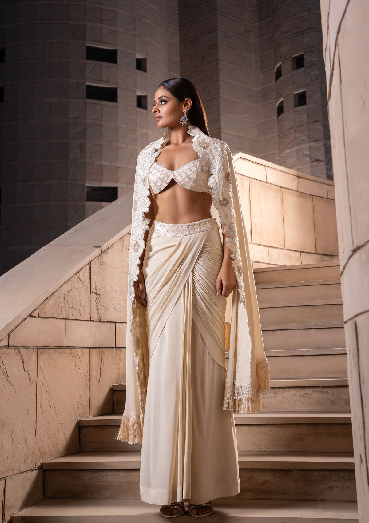 Ivory Cape-Cum-Saree Set