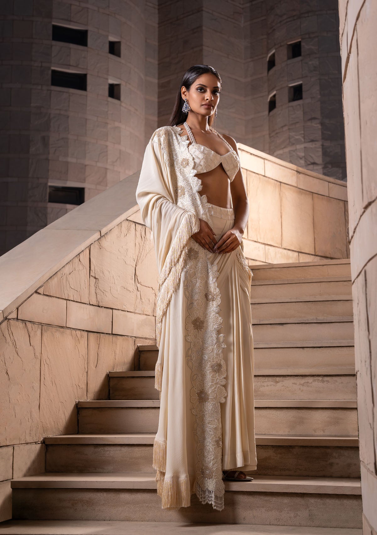 Ivory Cape-Cum-Saree Set