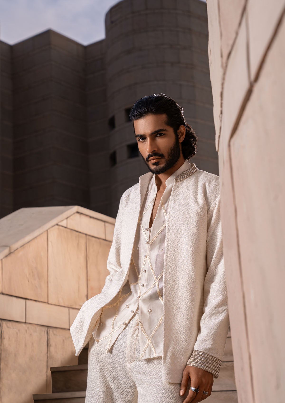 Taha Shah in Ivory Embroidered Trio Set