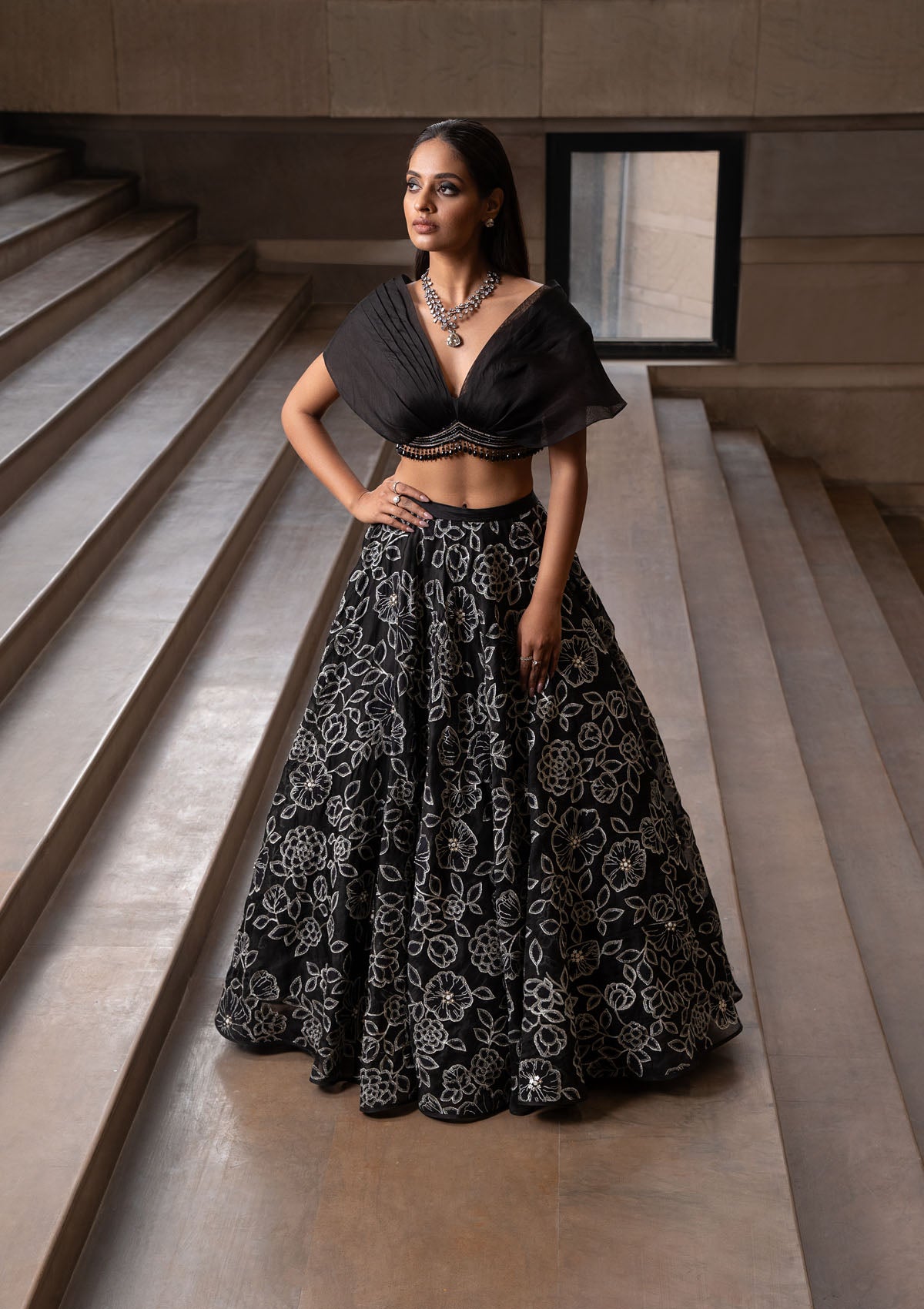 Natasha Shah in Coal Jaal Lehenga Set