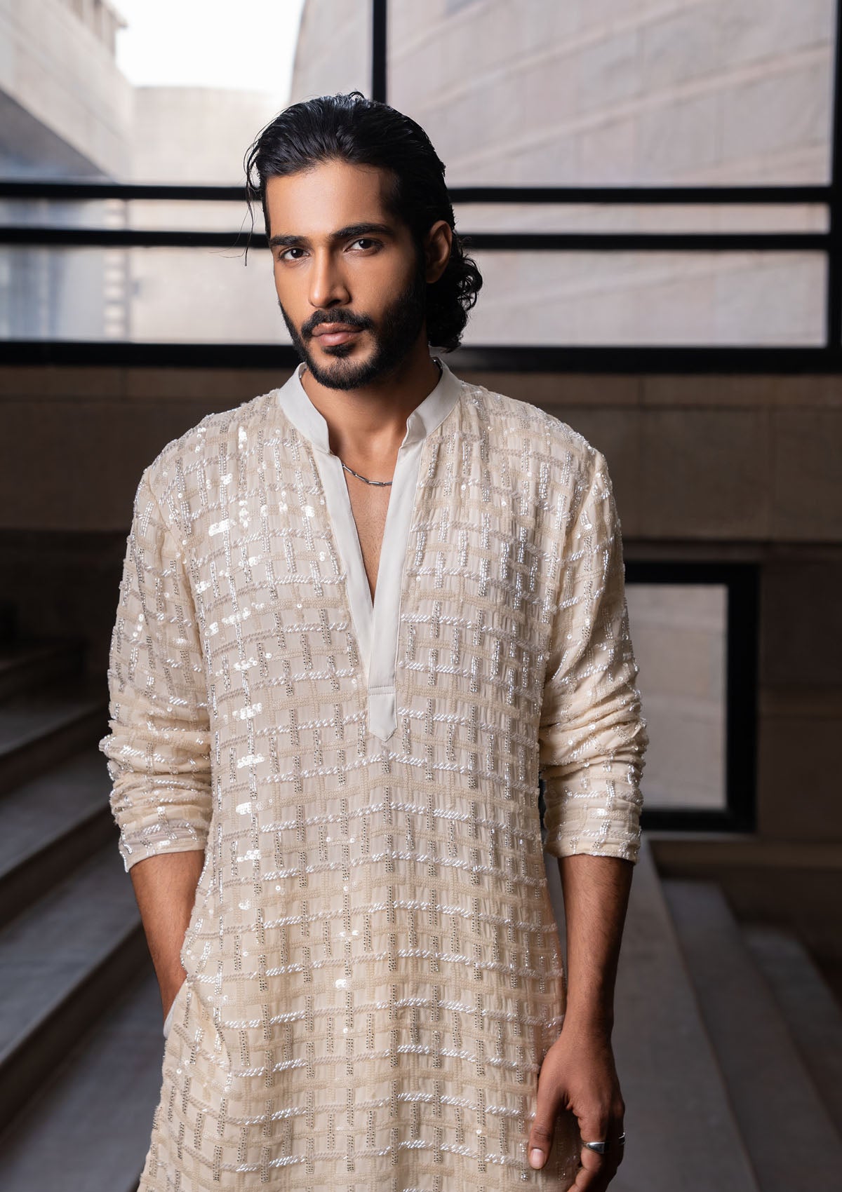 Rajkumar Rao in Ivory Checkered Kurta Set