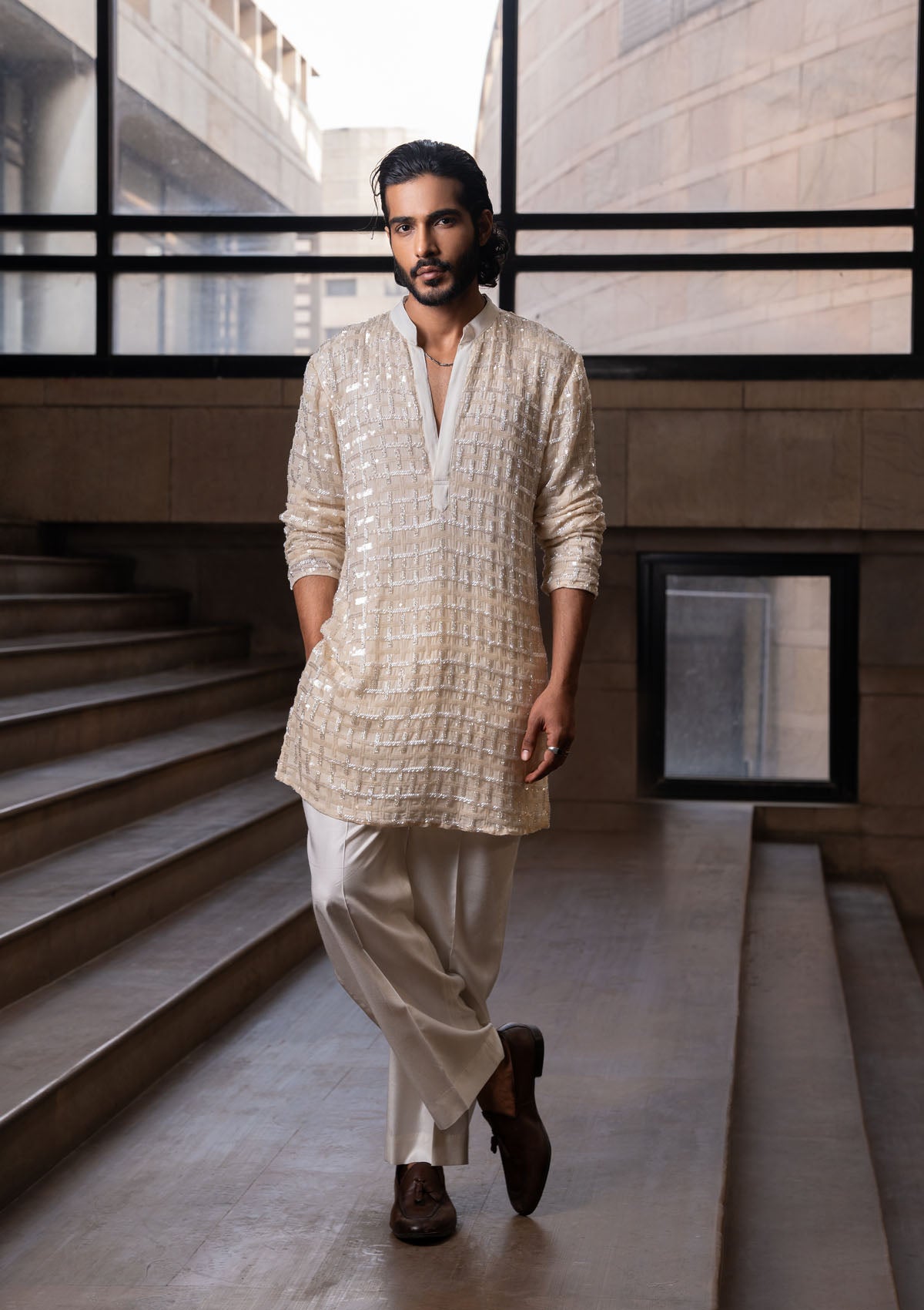 Rajkumar Rao in Ivory Checkered Kurta Set